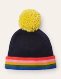 Knitted Bobble Hat-Navy, Multi Stripe