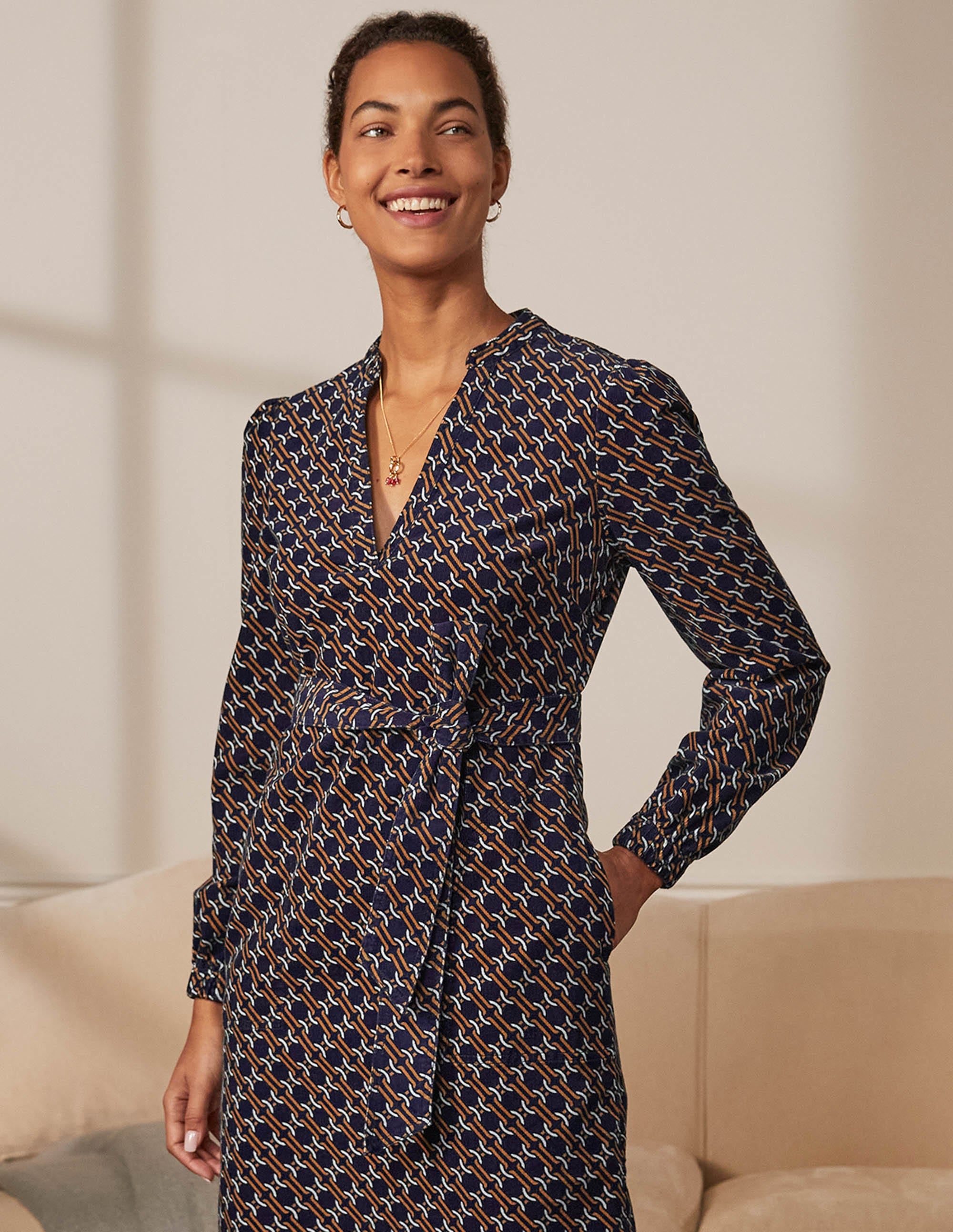 Esmeralda Tie Waist Dress-Navy, Chain Geo - Image 1