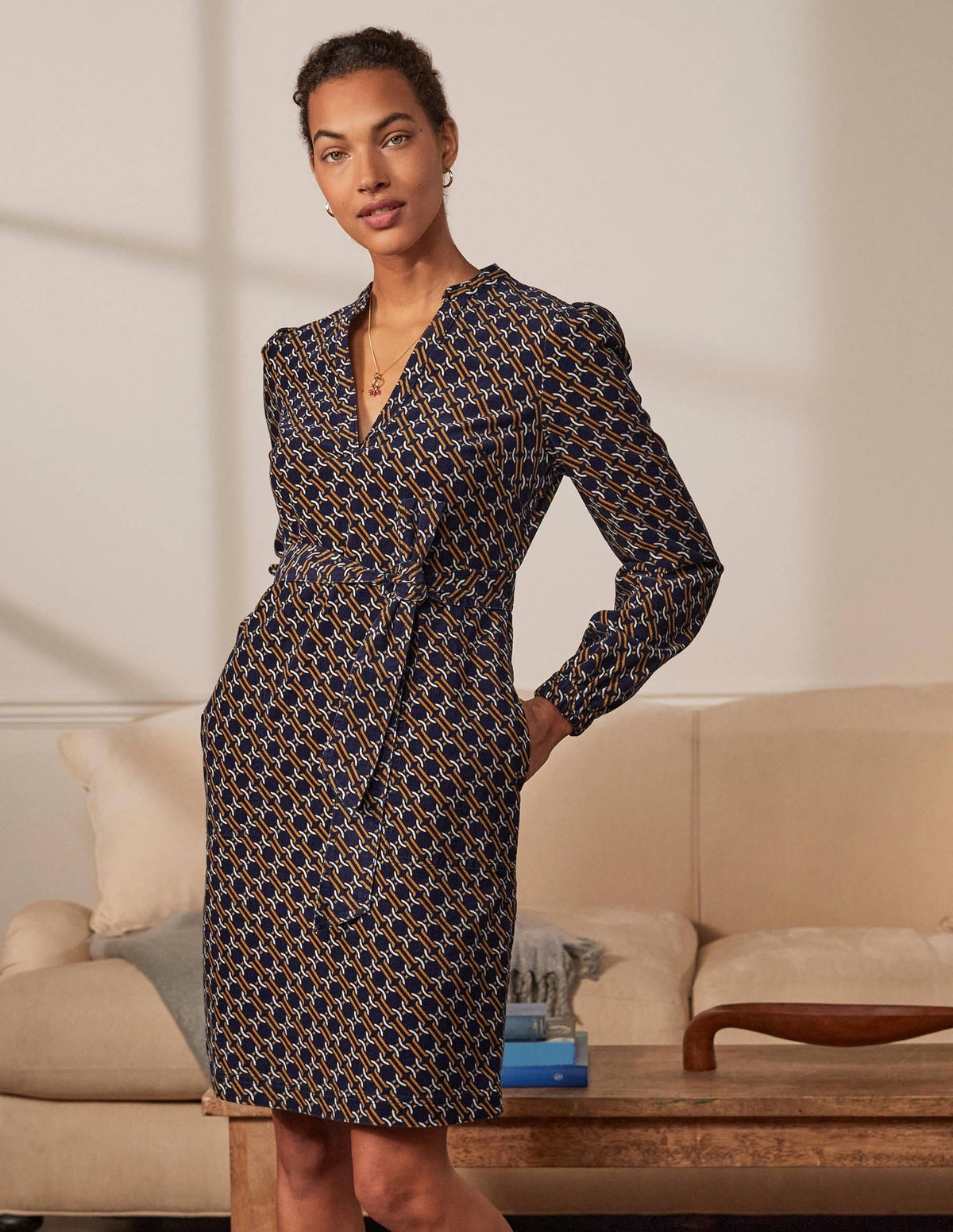Esmeralda Tie Waist Dress-Navy, Chain Geo-4