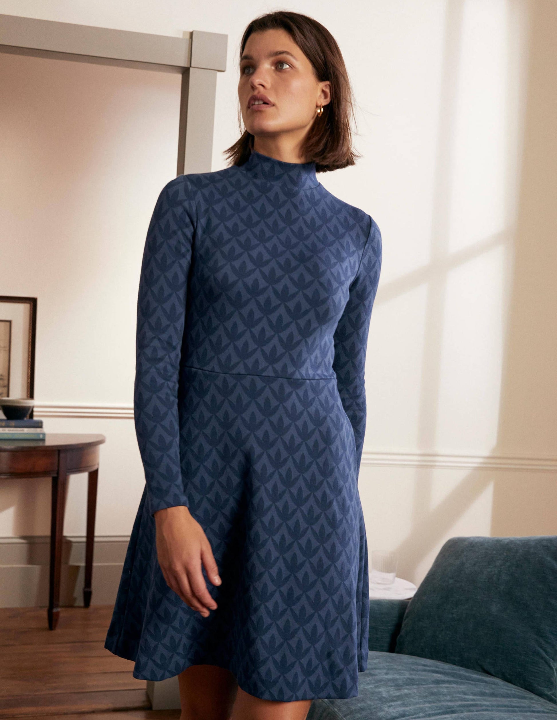 High Neck Jacquard Dress-Night Blue, Petal Geo-1