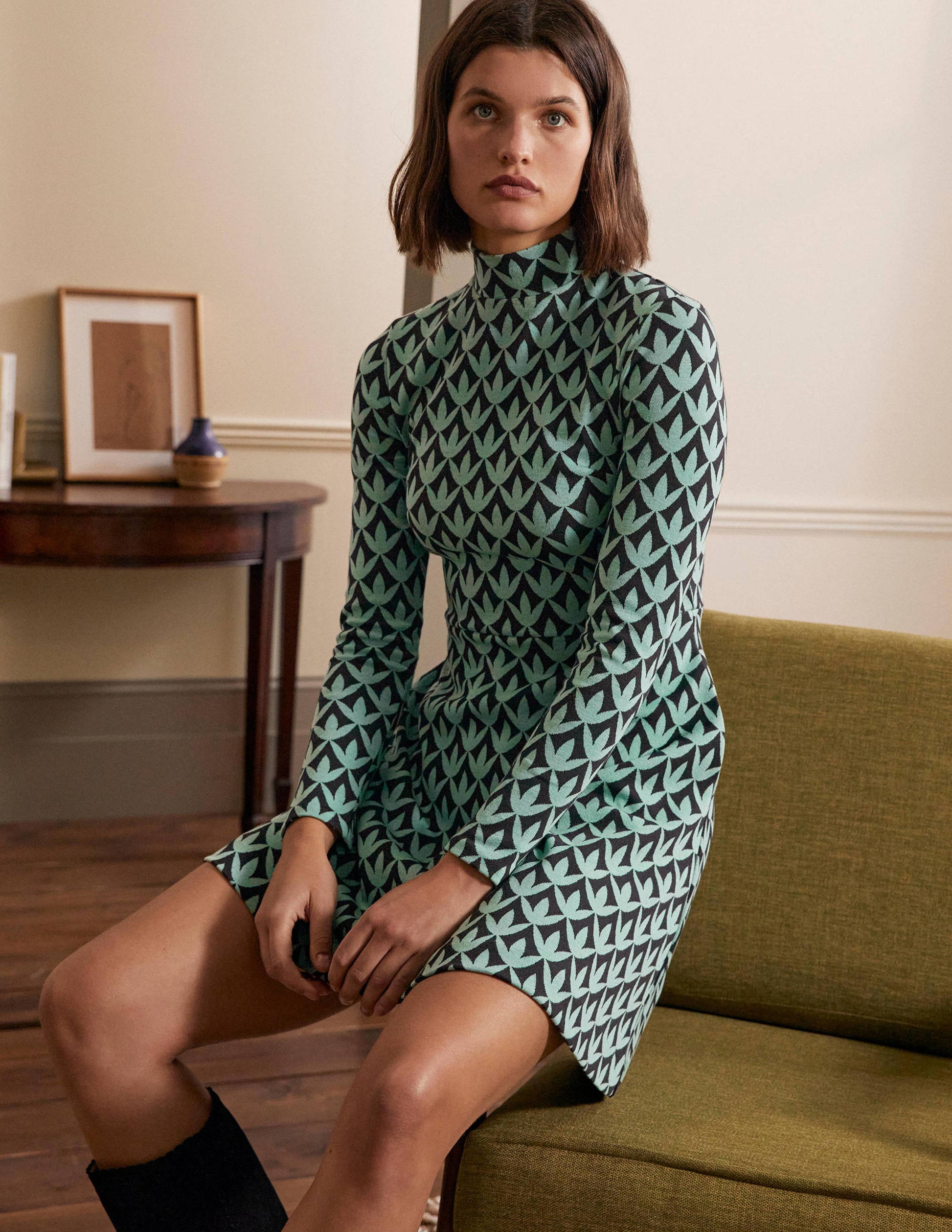 High Neck Jacquard Dress-Csarite, Petal Geo-1