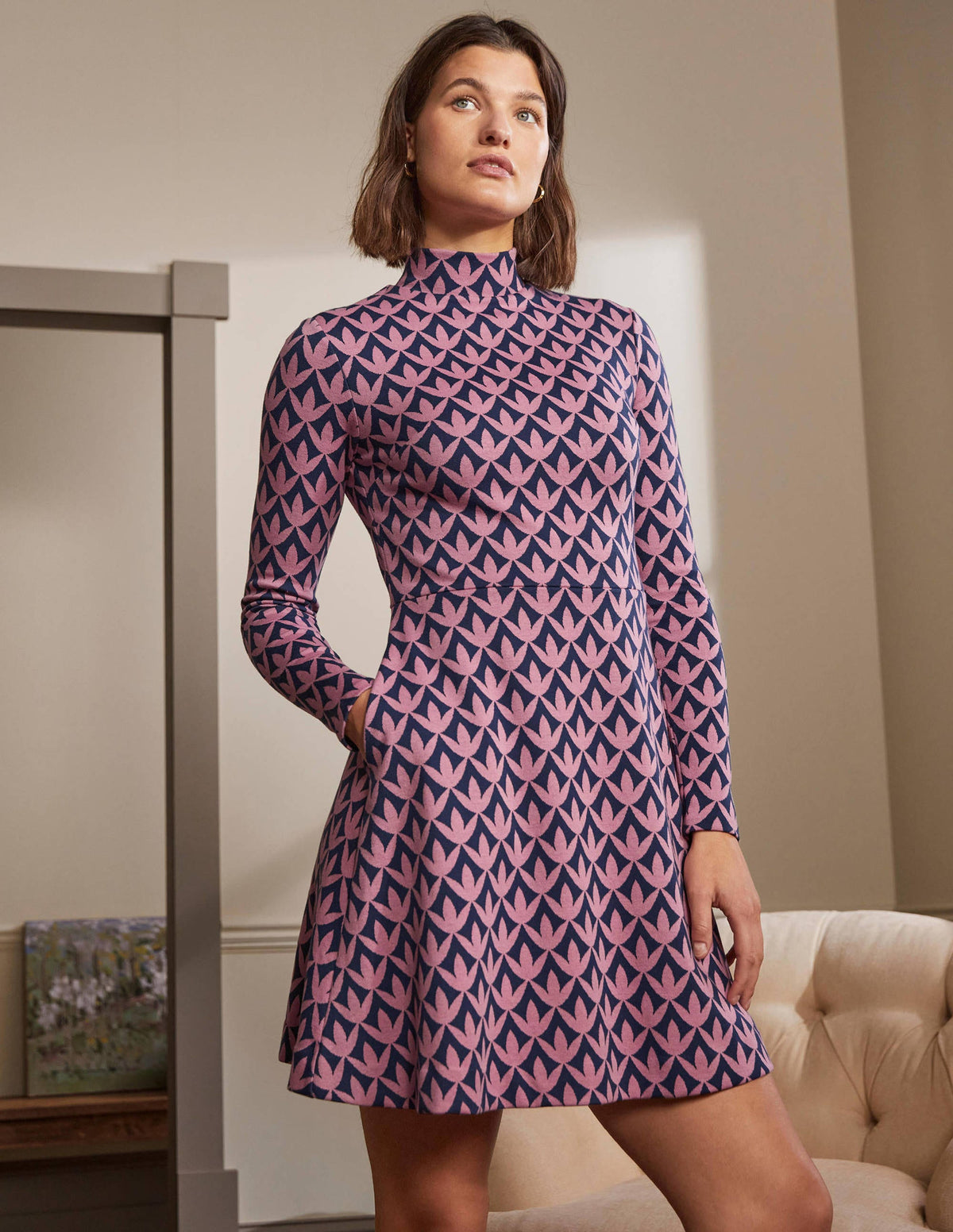 High Neck Jacquard Dress-Dust Cloud Pink, Petal Geo-1