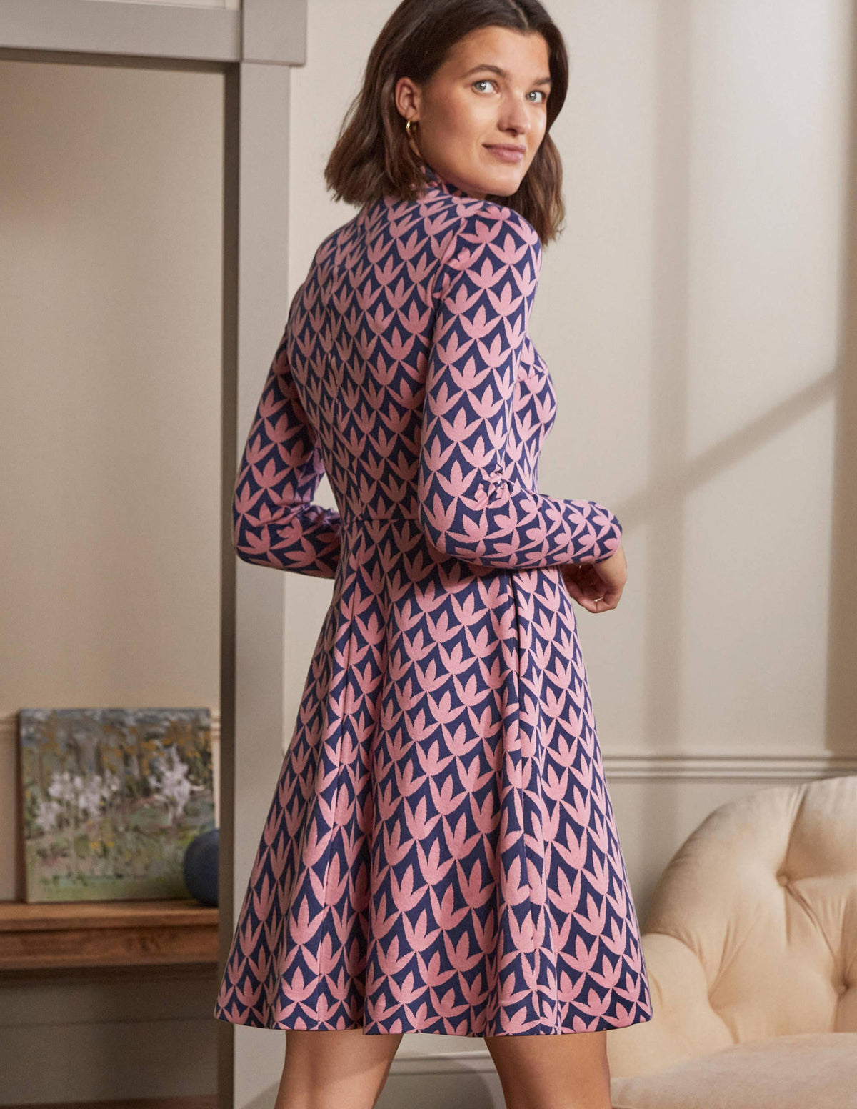 High Neck Jacquard Dress-Dust Cloud Pink, Petal Geo - Image 3