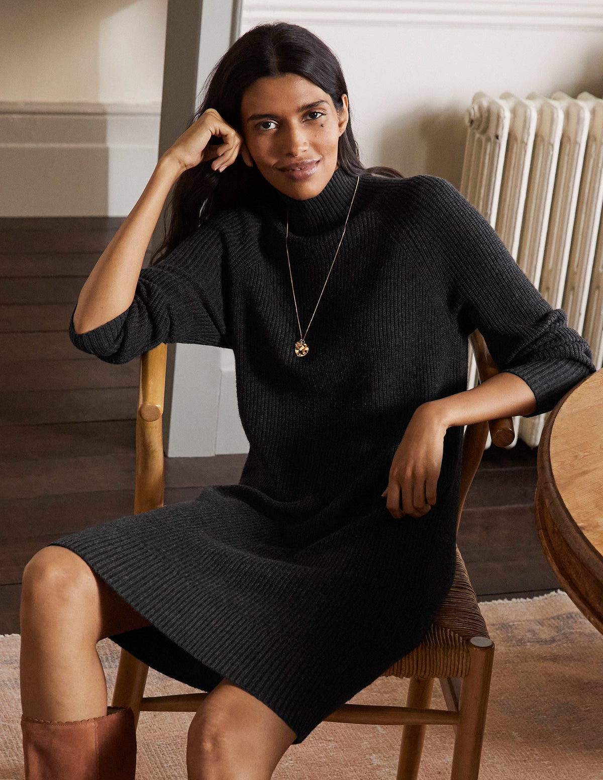 High Neck Knitted Dress-Charcoal Melange-1