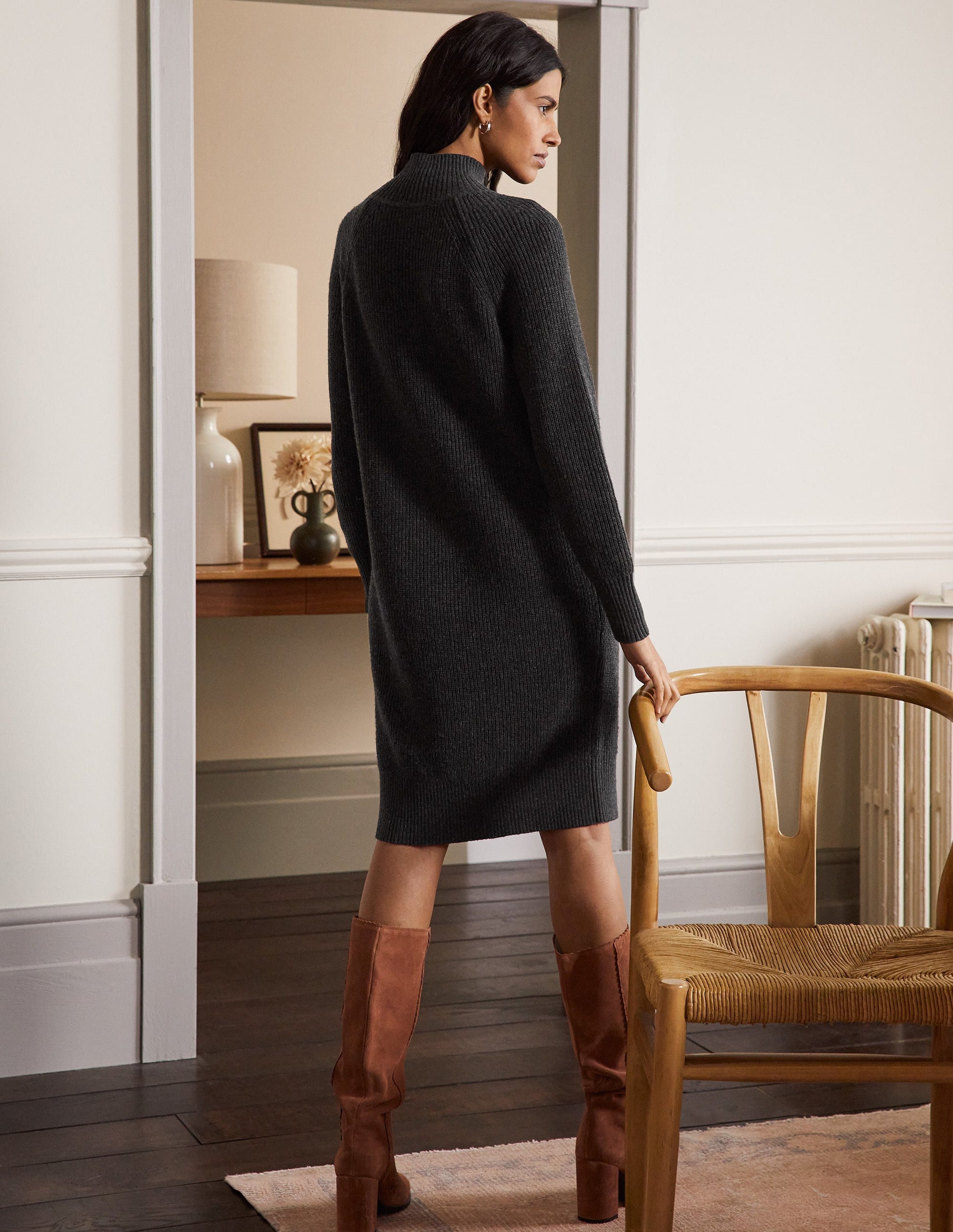 High Neck Knitted Dress-Charcoal Melange-3
