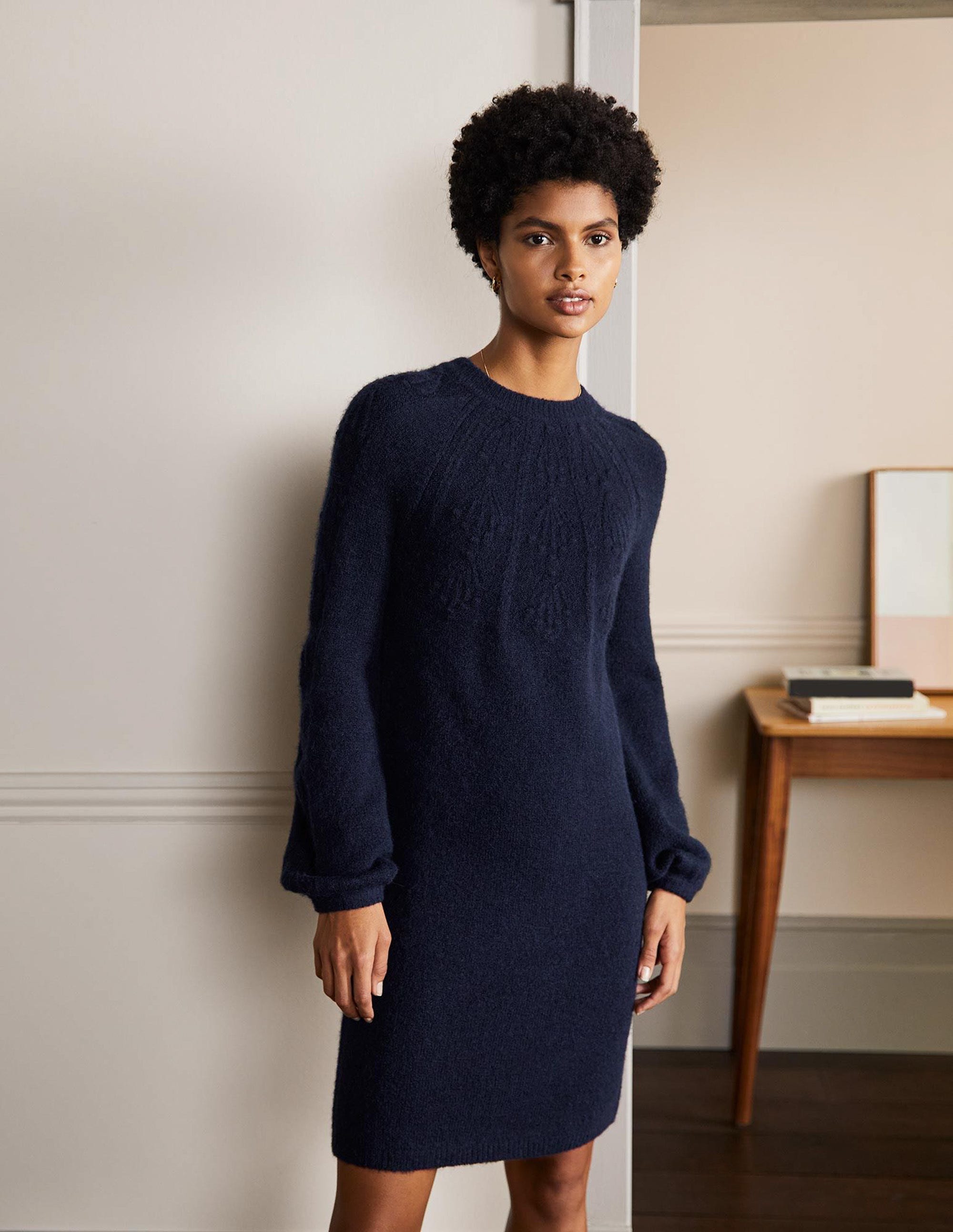 Cable Knitted Dress-Navy - Image 1