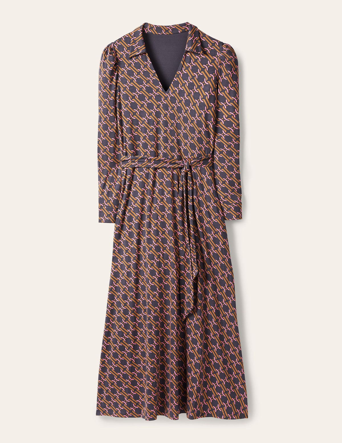 Collar Jersey Midi Dress-Ochre, Chain Geo-5