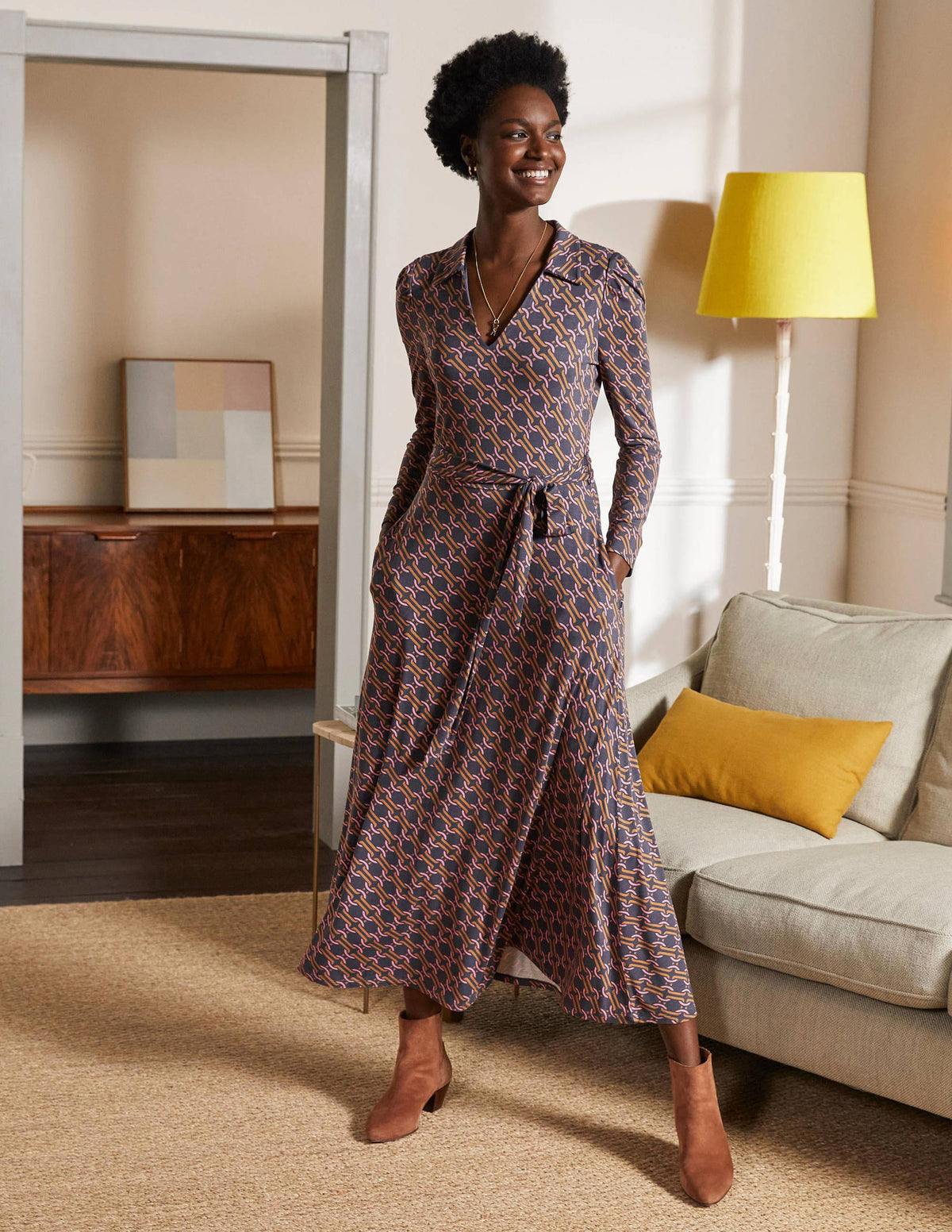 Collar Jersey Midi Dress-Ochre, Chain Geo - Image 1