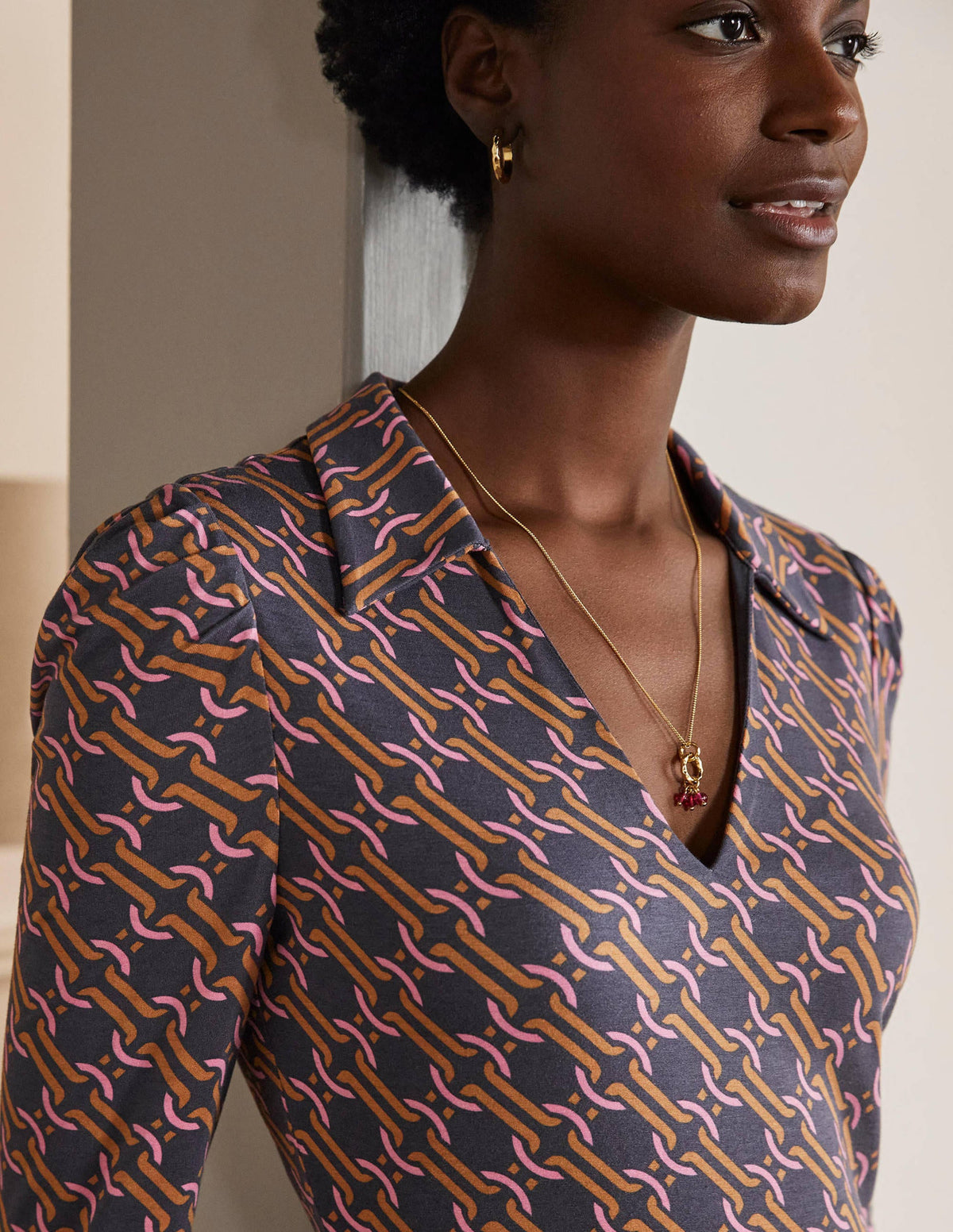 Collar Jersey Midi Dress-Ochre, Chain Geo - Image 2
