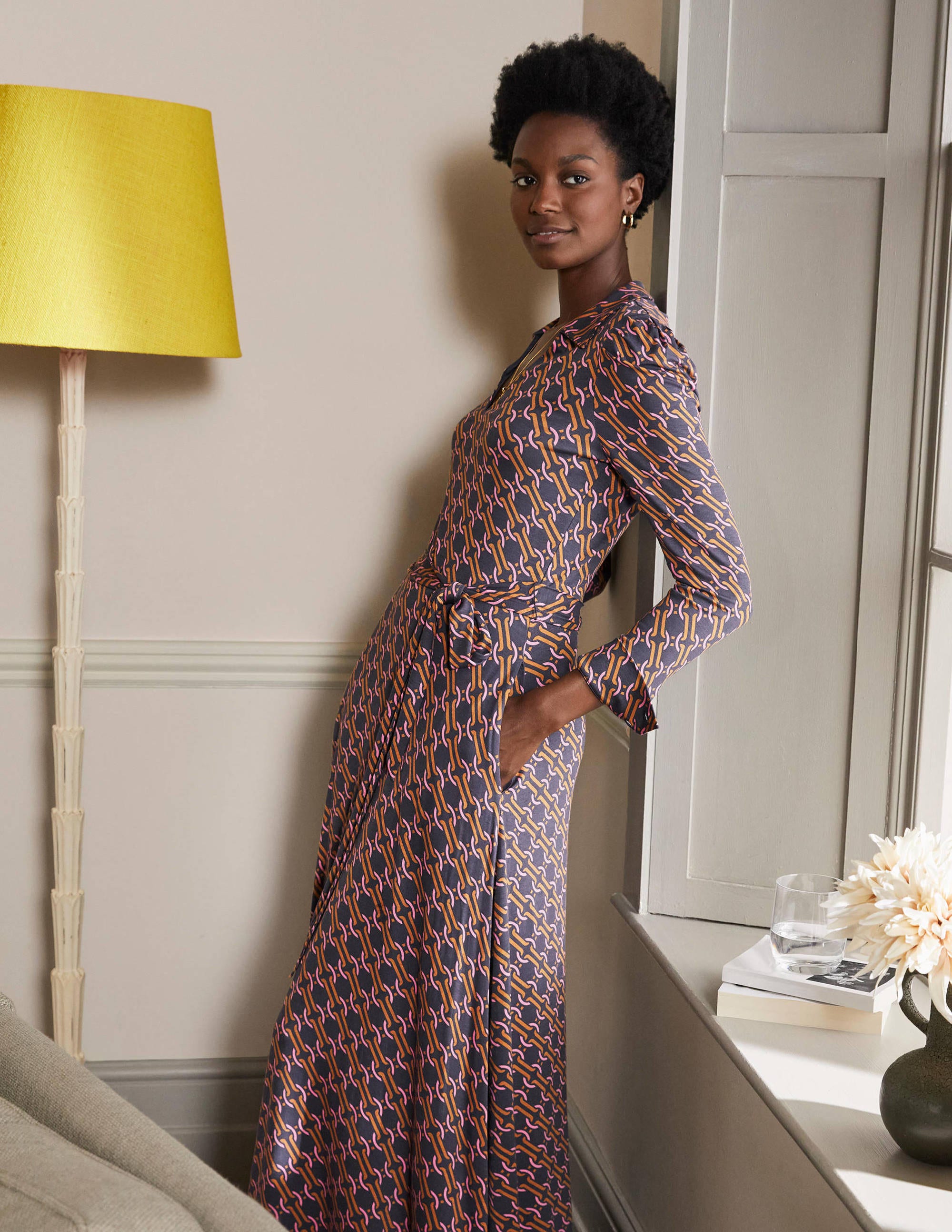 Collar Jersey Midi Dress-Ochre, Chain Geo - Image 4