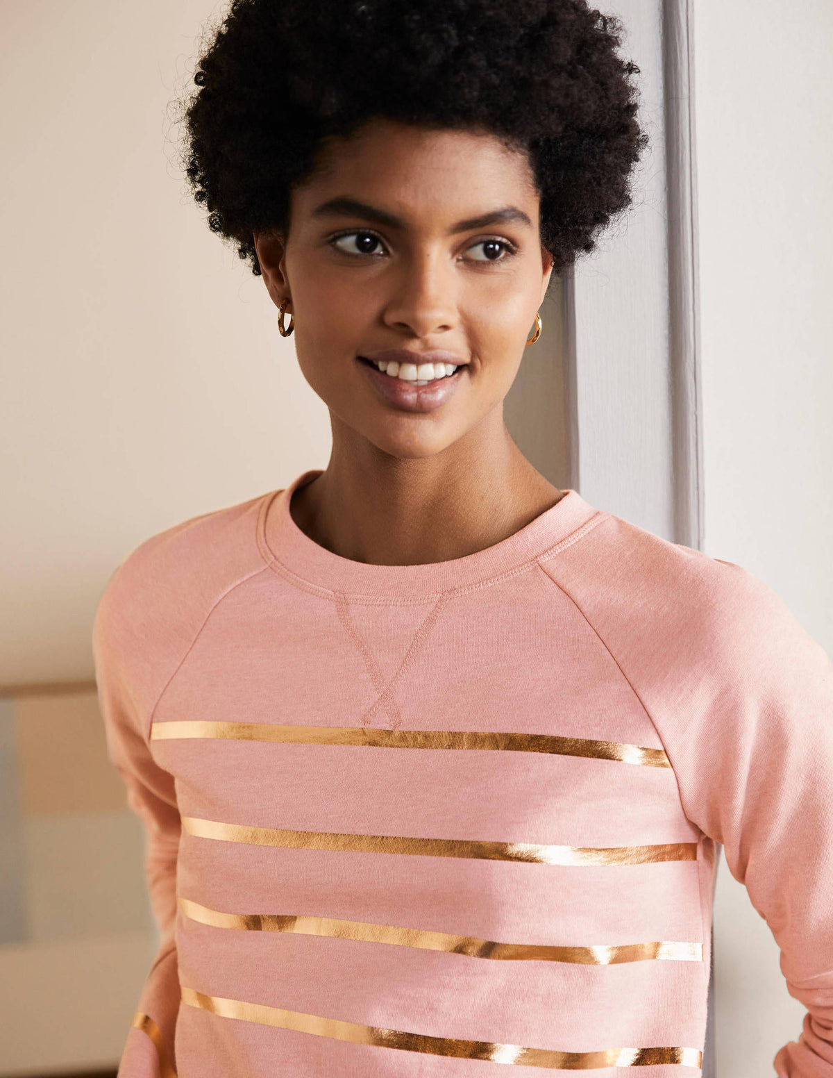 Printed Cotton Sweatshirt-Pink Marl, Gold Foil Stripe - Image 2
