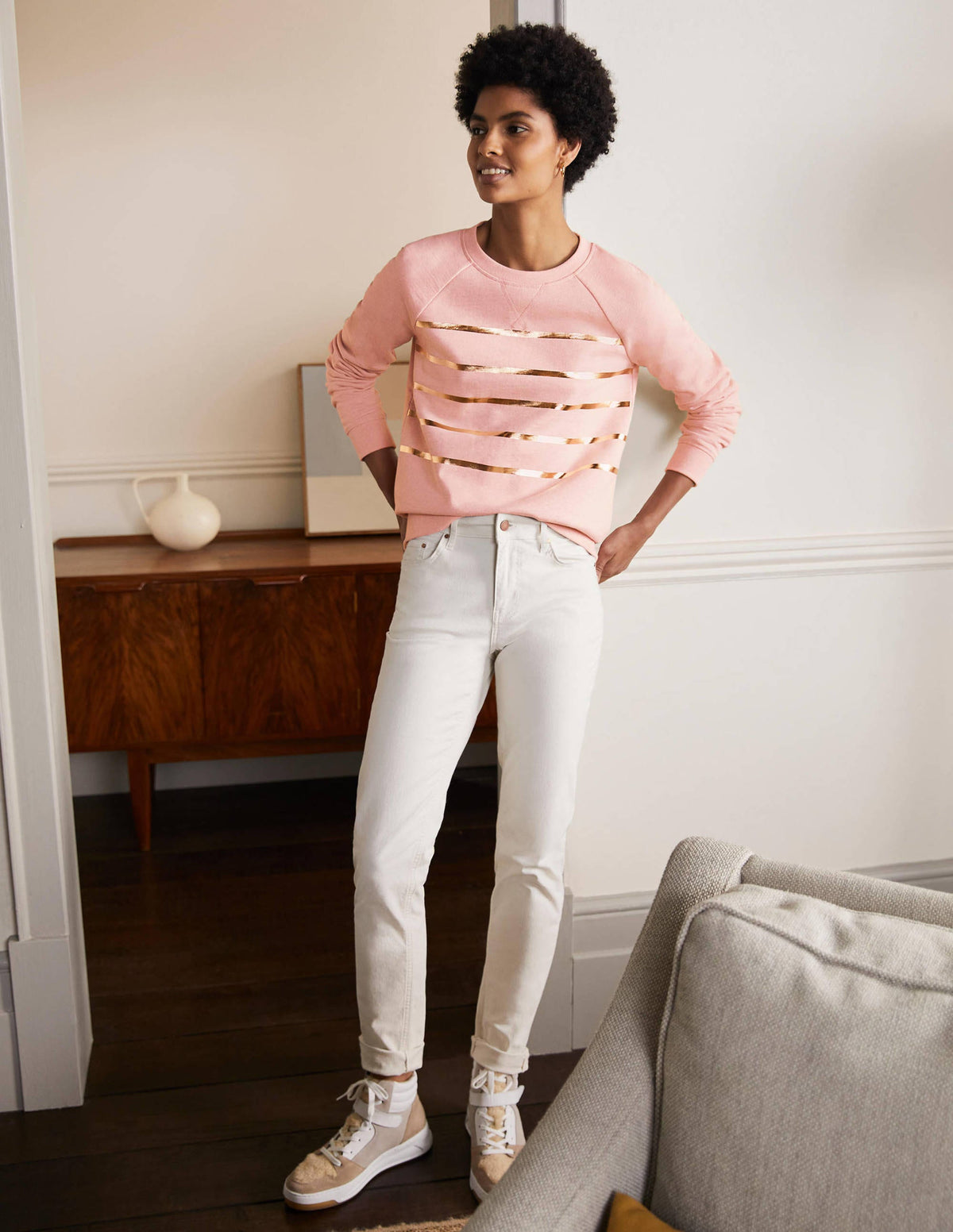 Printed Cotton Sweatshirt-Pink Marl, Gold Foil Stripe-4