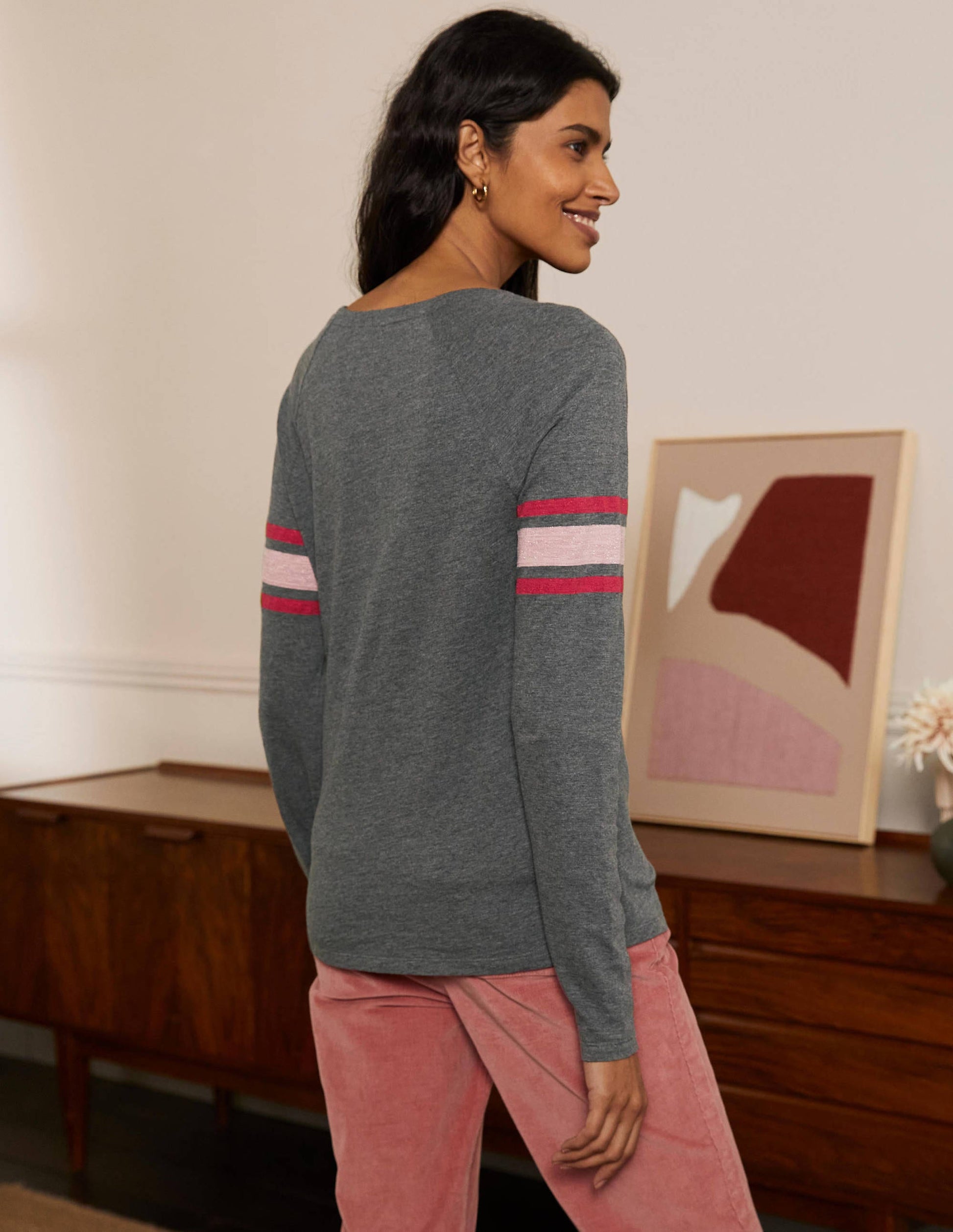 Lorna Baseball Top-Charcoal Marl, Lurex Stripe-3