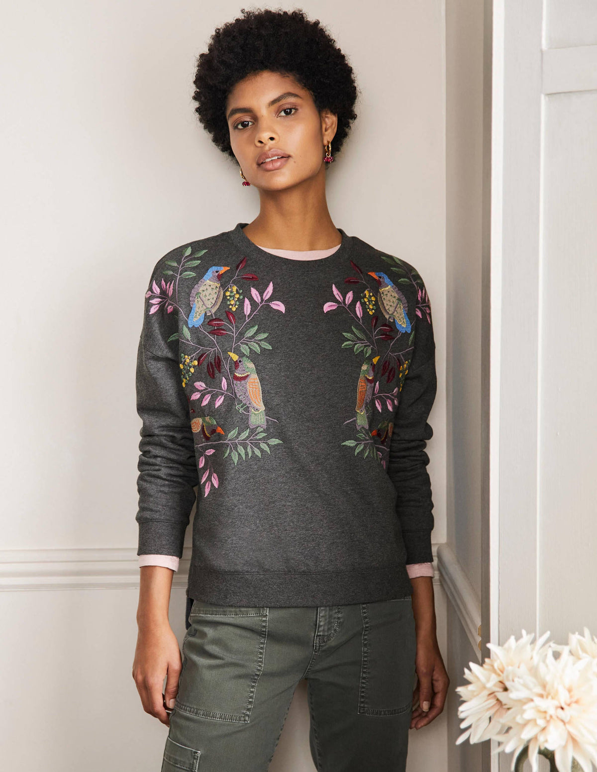 Interest Sweatshirt-Charcoal Marl Bird Embroidery - Image 1