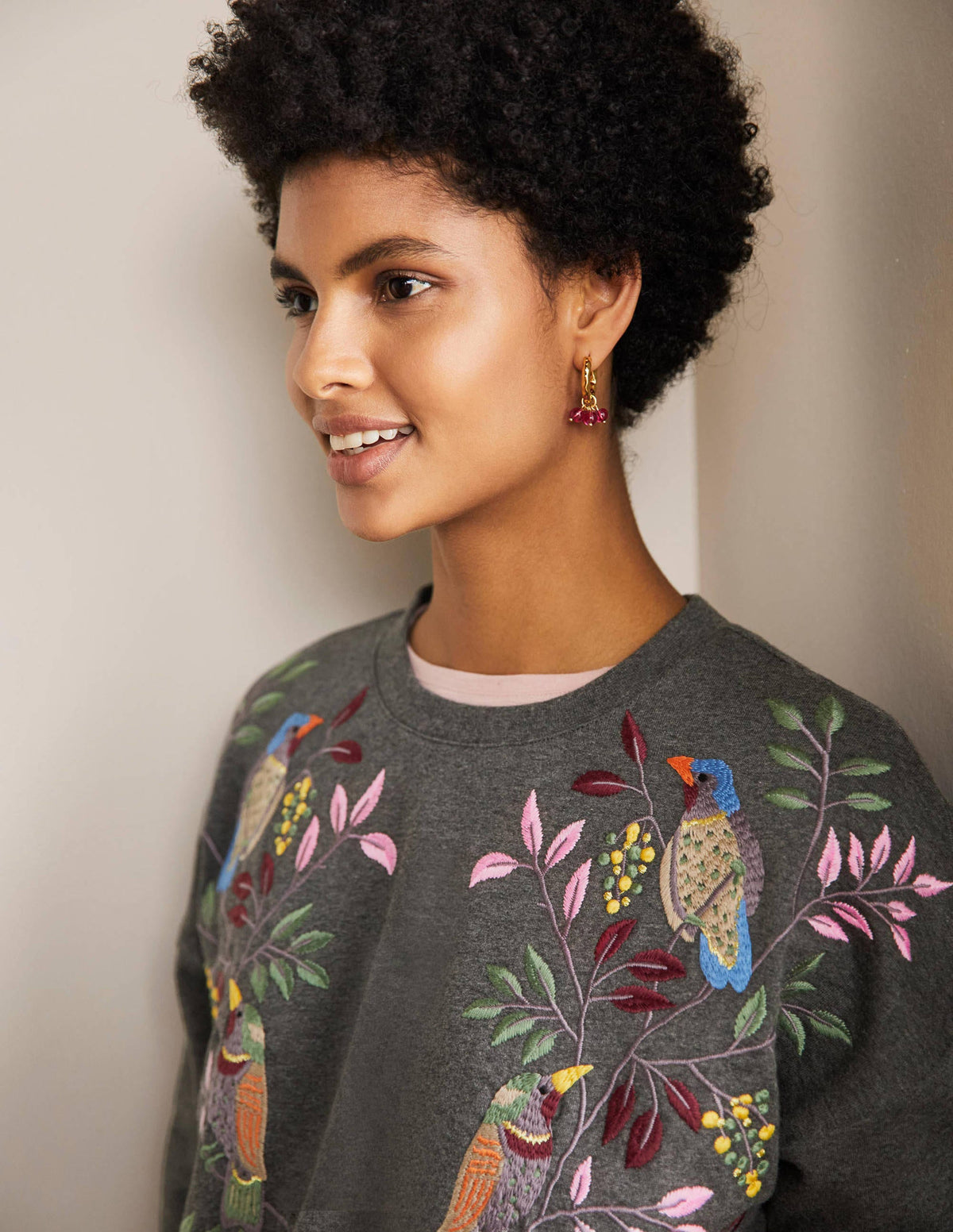 Interest Sweatshirt-Charcoal Marl Bird Embroidery - Image 2