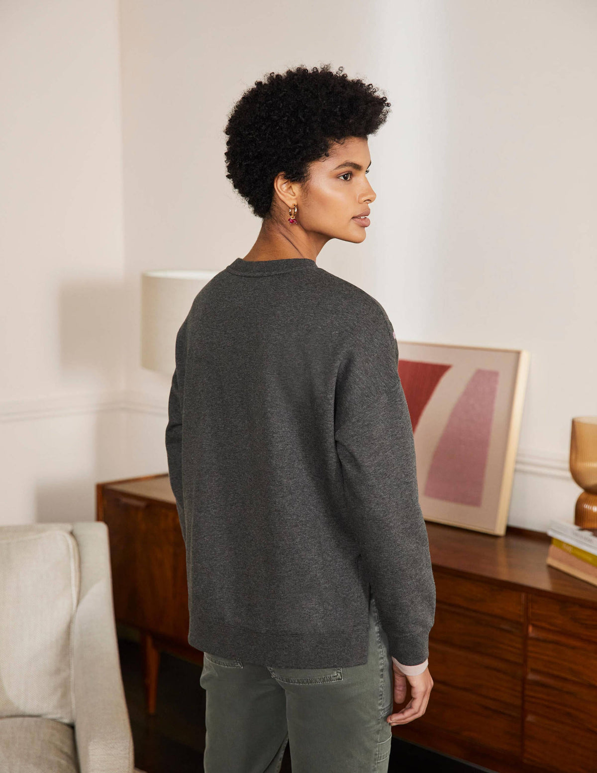 Interest Sweatshirt-Charcoal Marl Bird Embroidery - Image 3