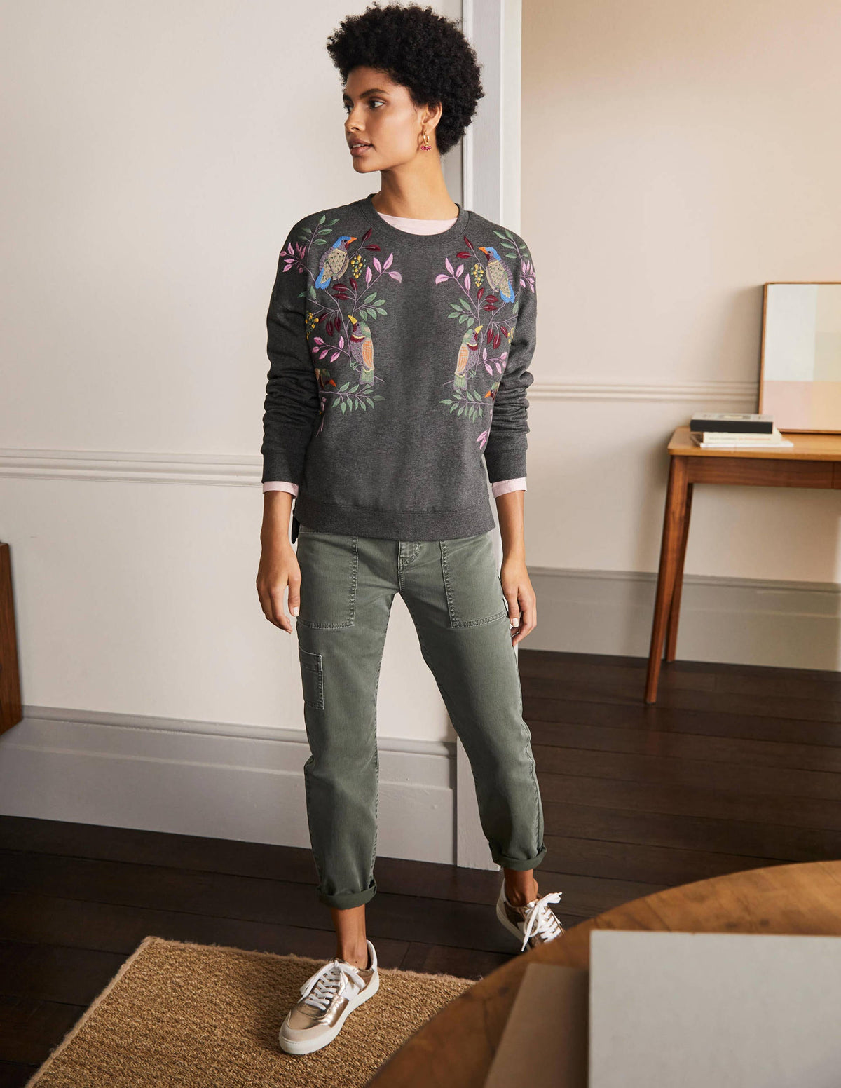 Interest Sweatshirt-Charcoal Marl Bird Embroidery - Image 4
