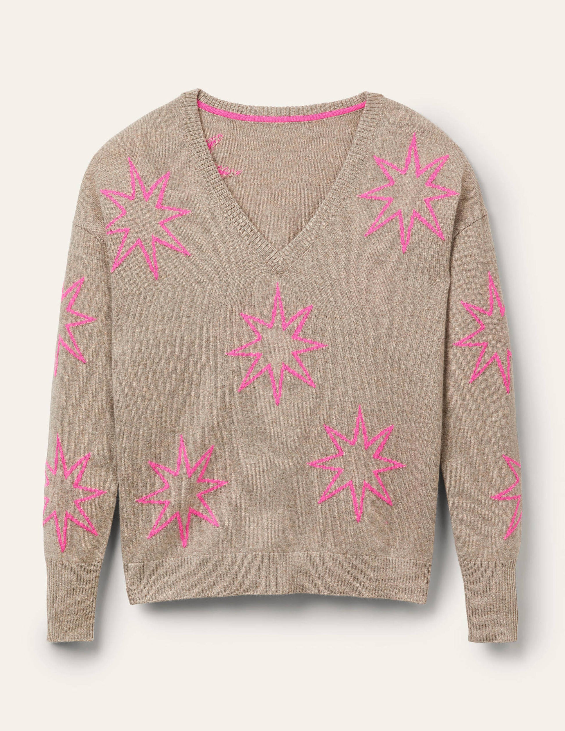 Cashmere V-neck Relax Jumper-Mink Melange, Neon Starburst-5