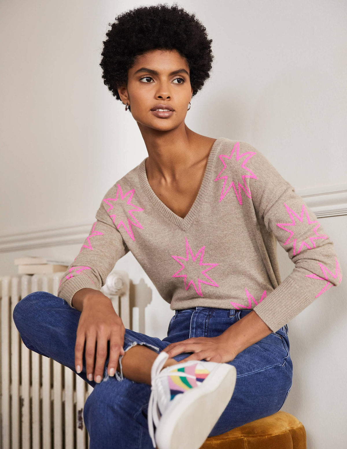 Cashmere V-neck Relax Jumper-Mink Melange, Neon Starburst - Image 1