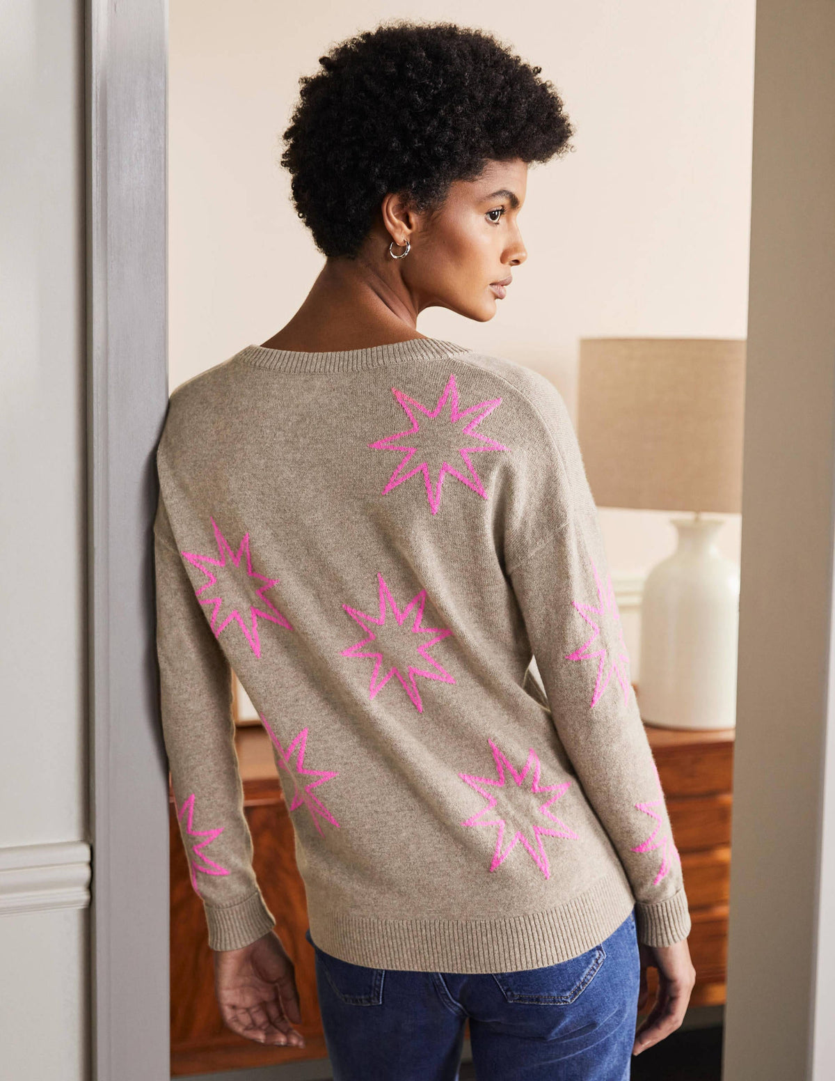 Cashmere V-neck Relax Jumper-Mink Melange, Neon Starburst - Image 3