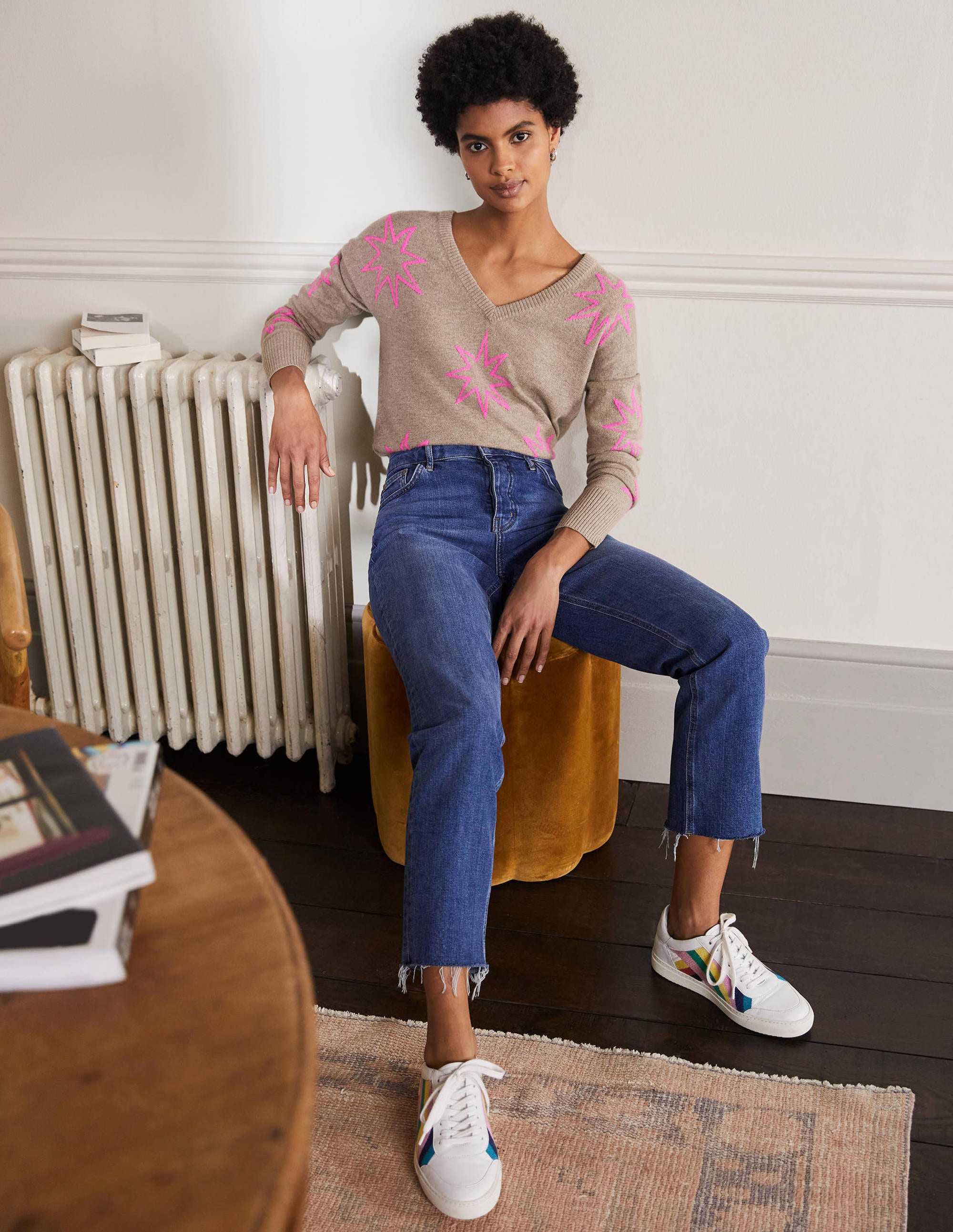 Cashmere V-neck Relax Jumper-Mink Melange, Neon Starburst - Image 4