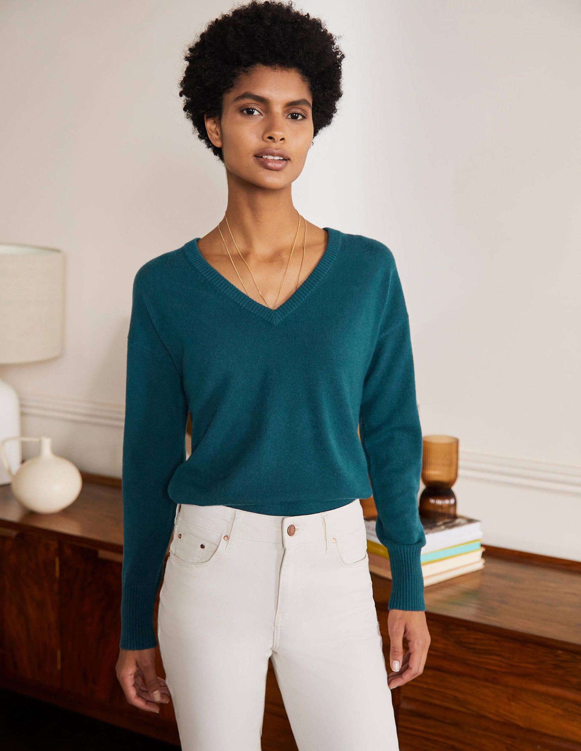 Cashmere V-neck Relax Jumper-Dark Teal-1