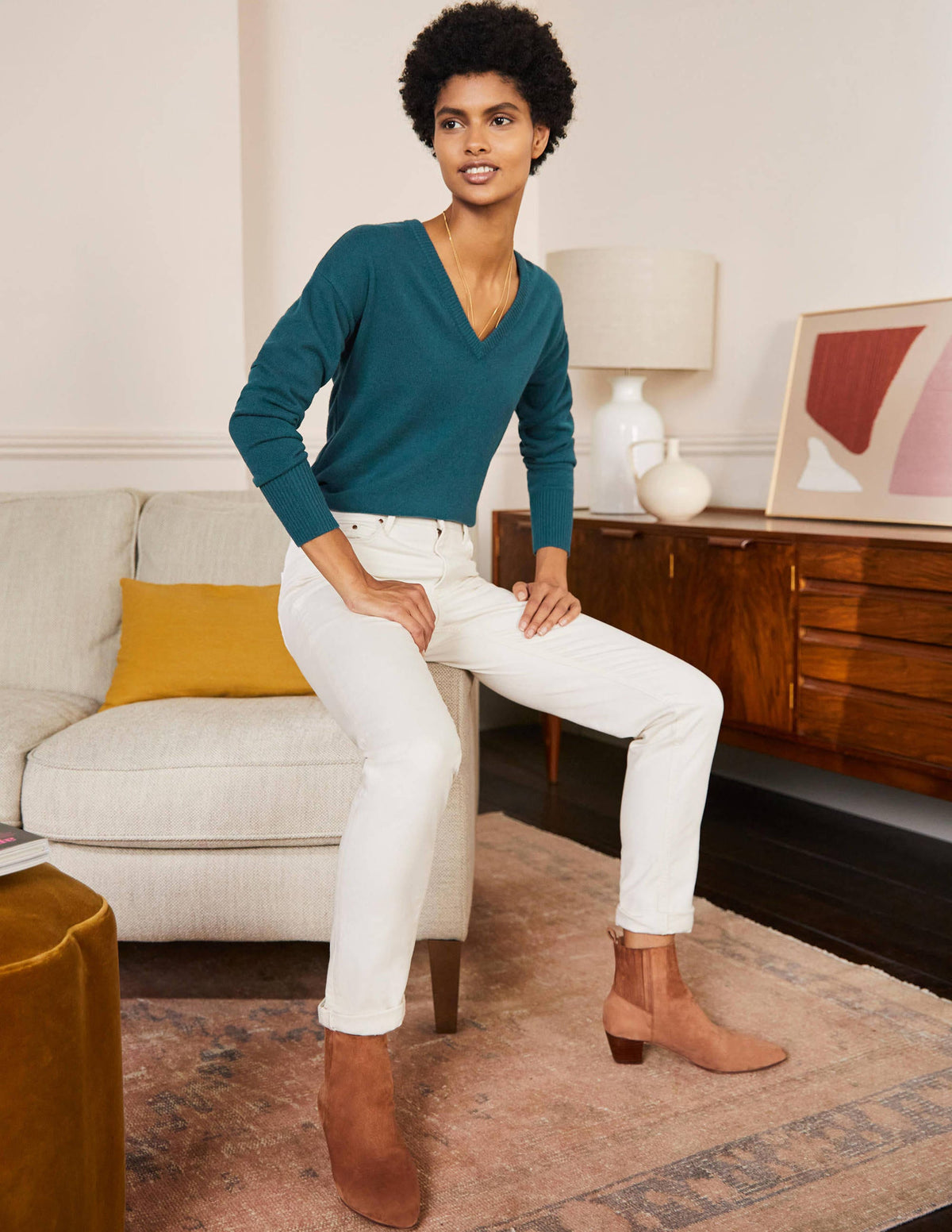 Cashmere V-neck Relax Jumper-Dark Teal - Image 4