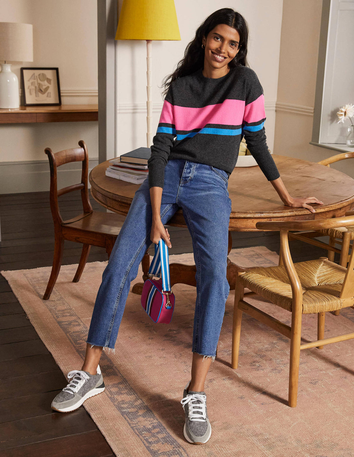 Margot Cashmere Sweater-Charcoal Melange, Neon Stripe-1