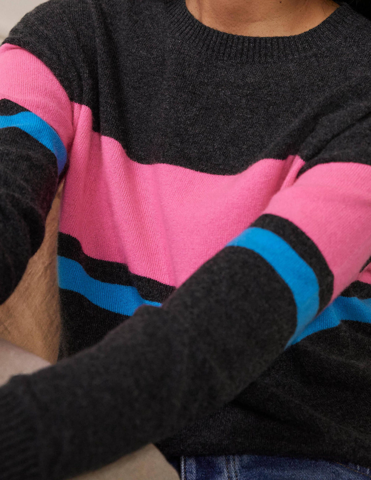 Margot Cashmere Sweater-Charcoal Melange, Neon Stripe-2