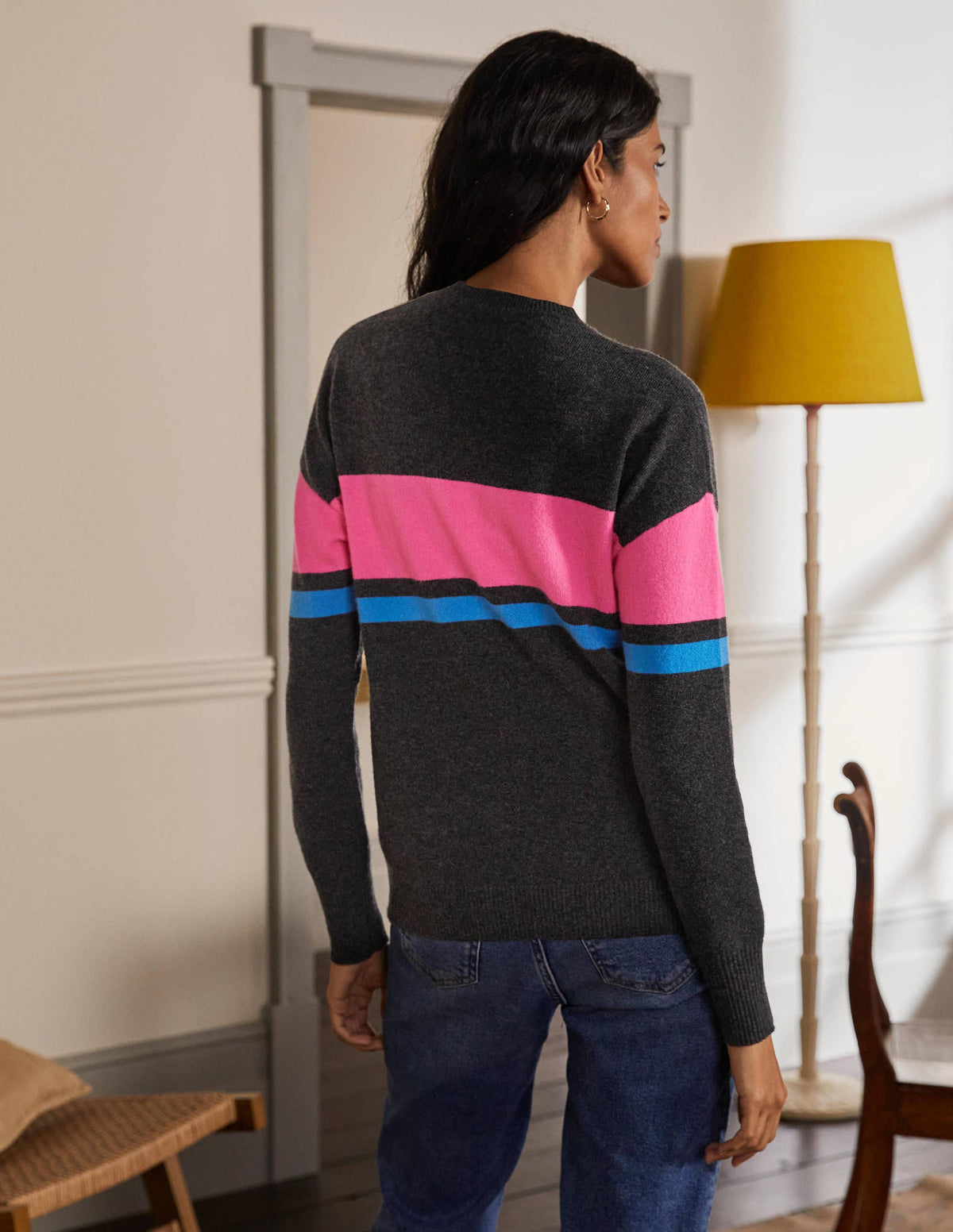 Margot Cashmere Sweater-Charcoal Melange, Neon Stripe-3
