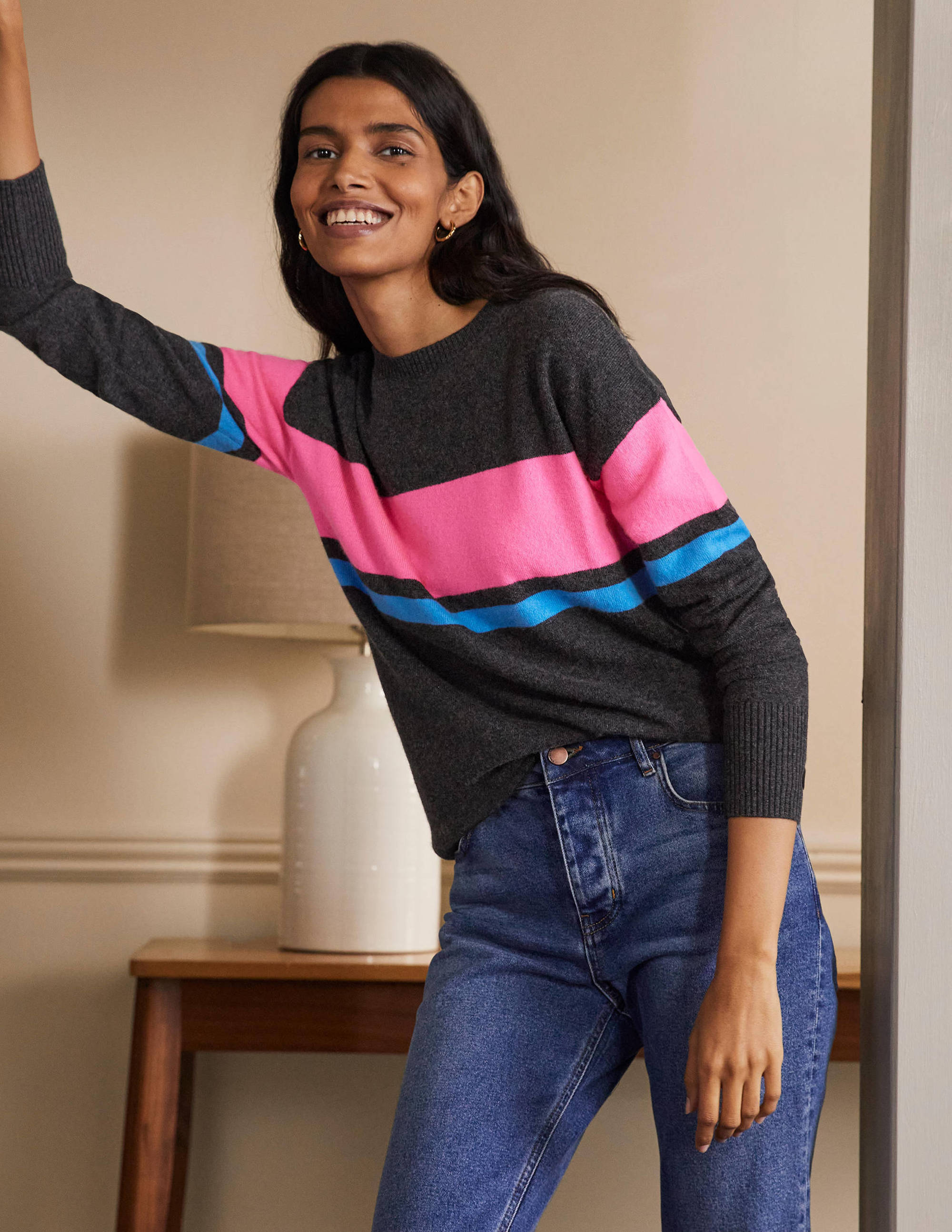 Margot Cashmere Sweater-Charcoal Melange, Neon Stripe - Image 4