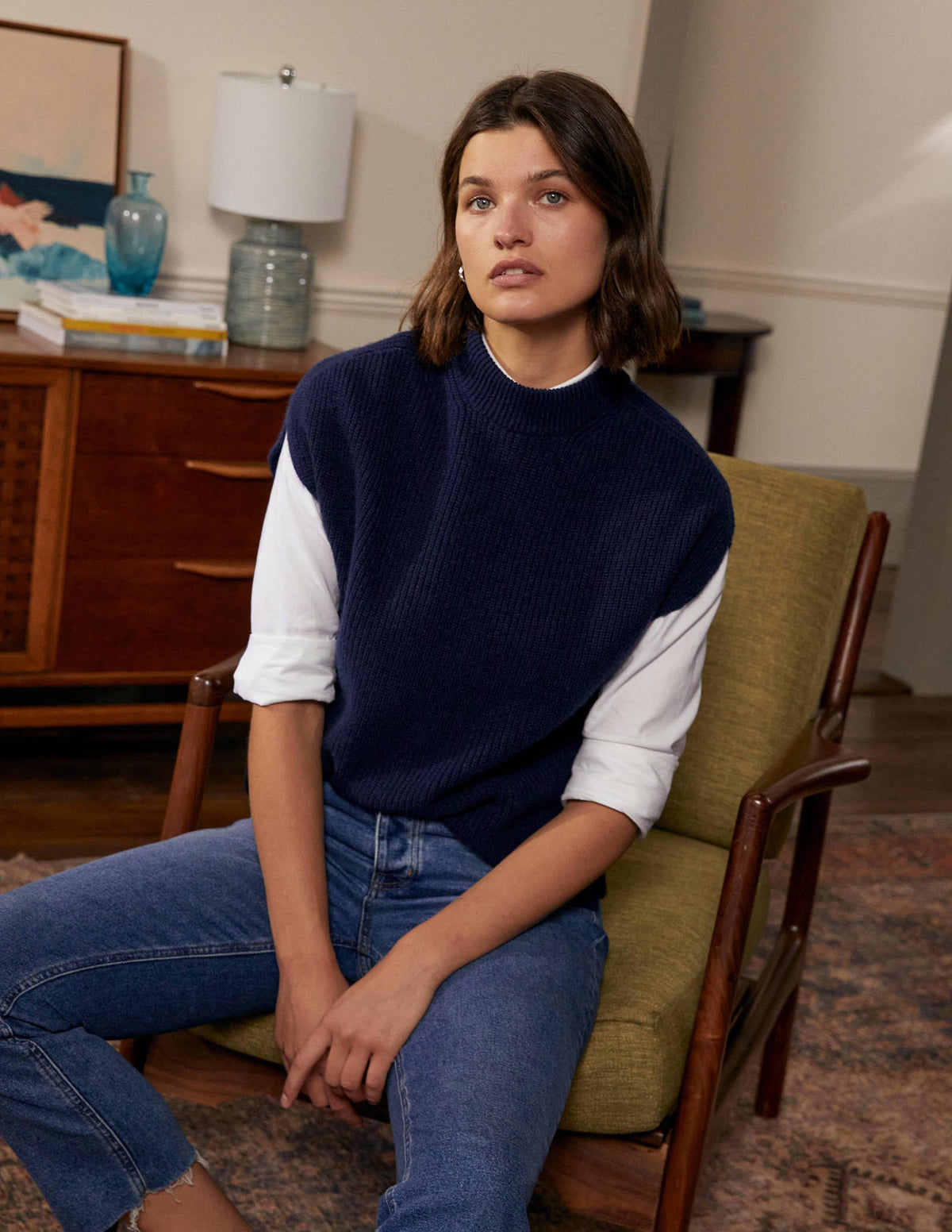 Relaxed Rib Sleeveless Sweater-Navy - Image 1
