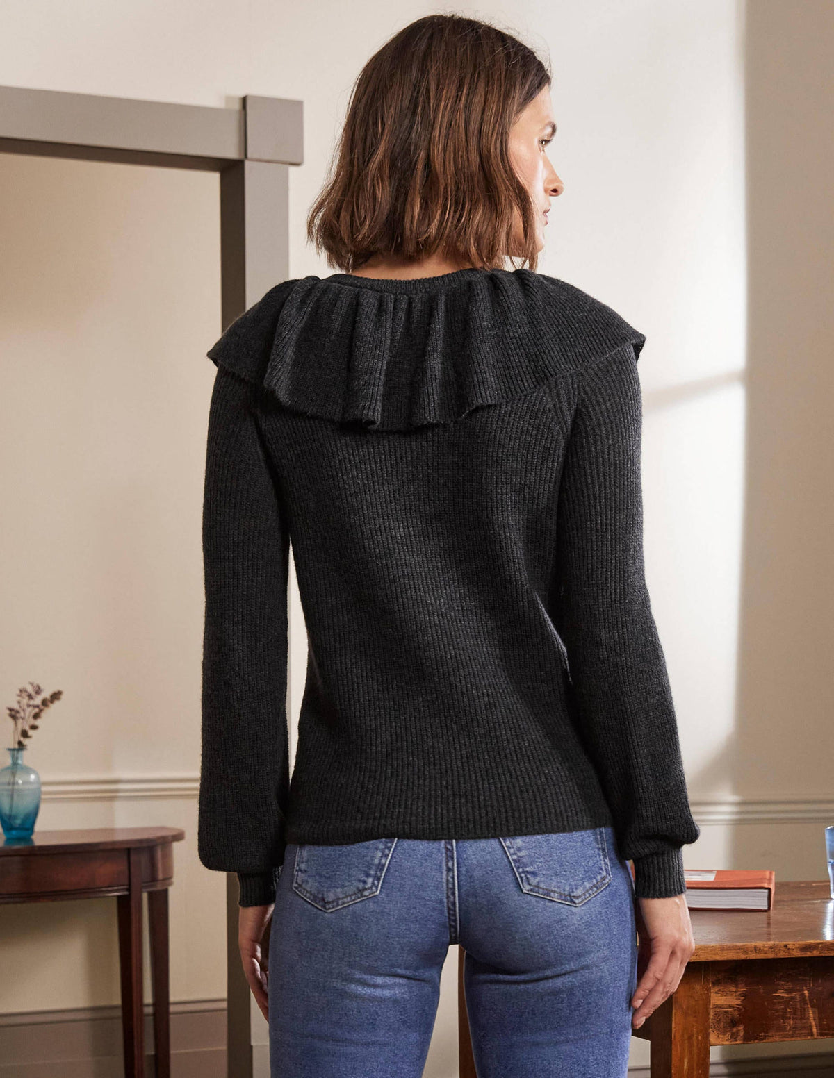Fluffy Frill Collar Sweater-Charcoal Melange-3