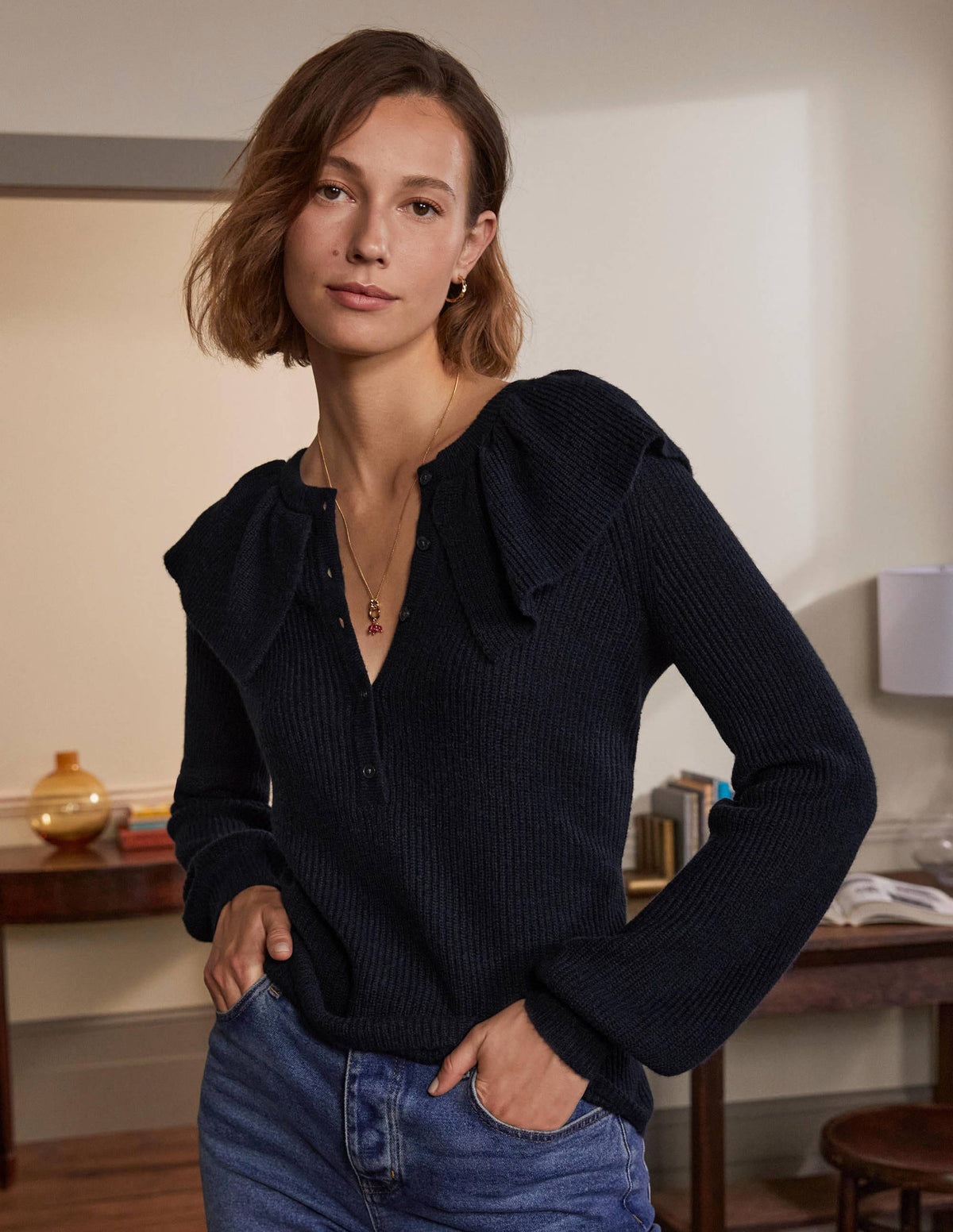 Fluffy Frill Collar Sweater-Navy-1