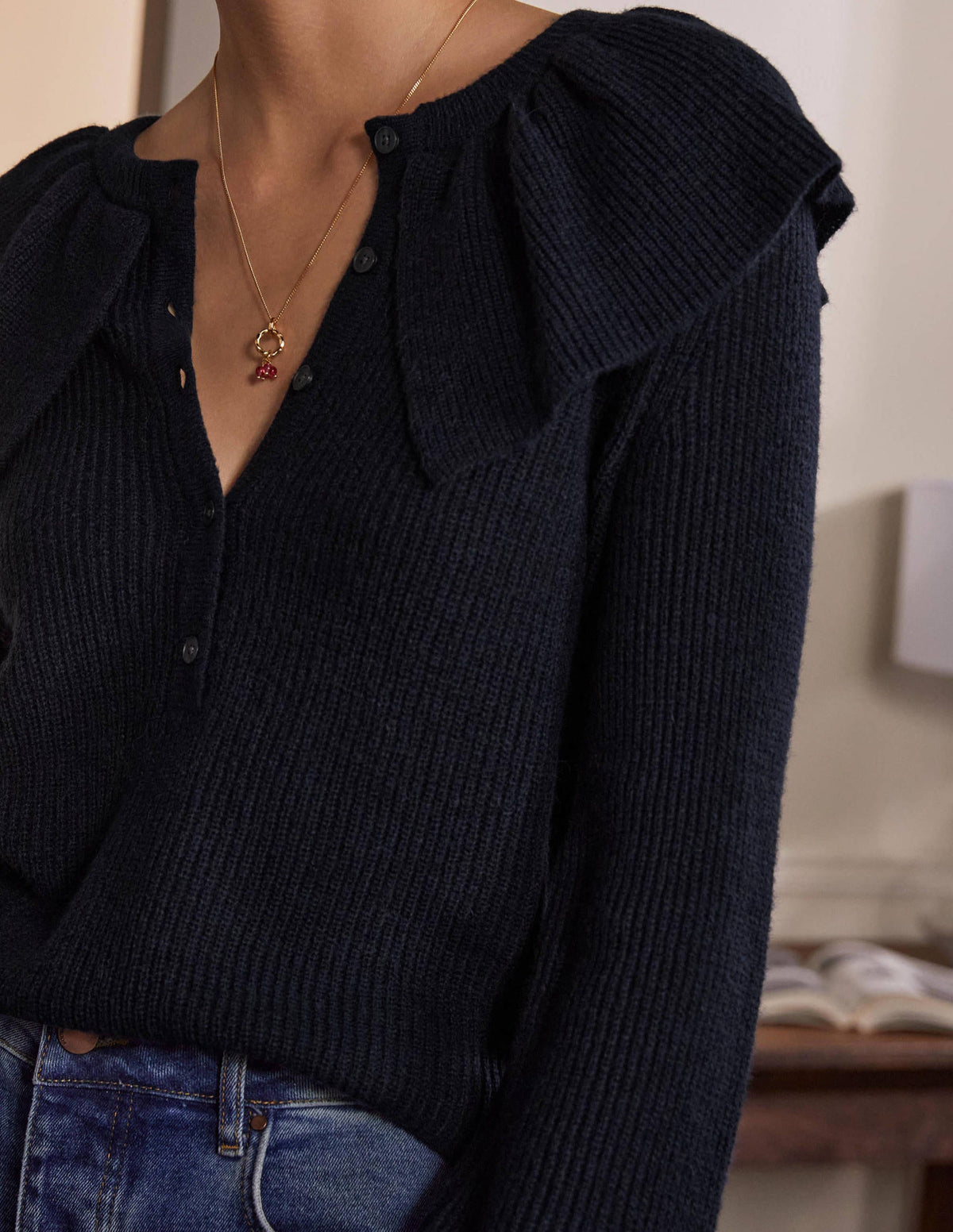Fluffy Frill Collar Sweater-Navy - Image 2