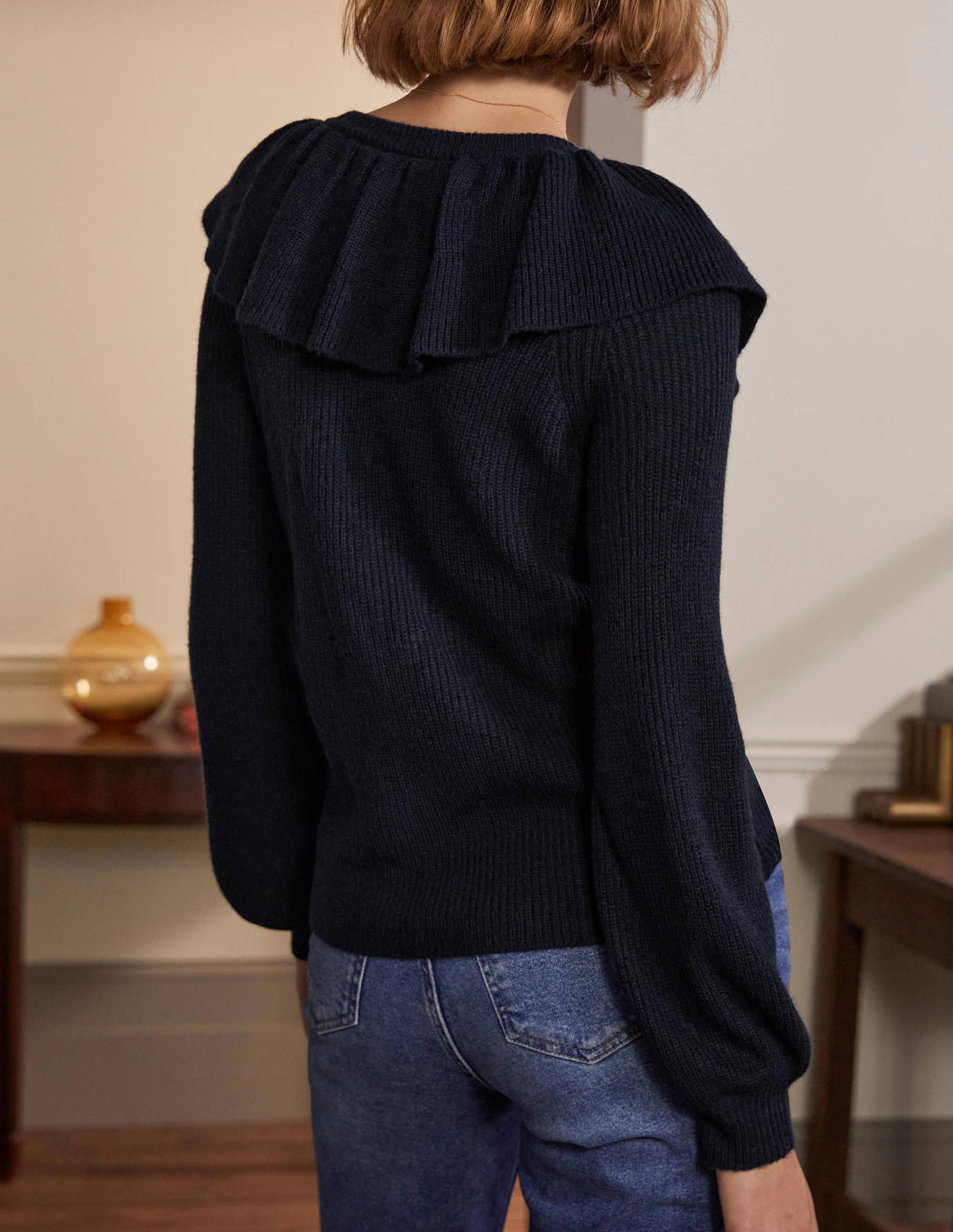 Fluffy Frill Collar Sweater-Navy-3