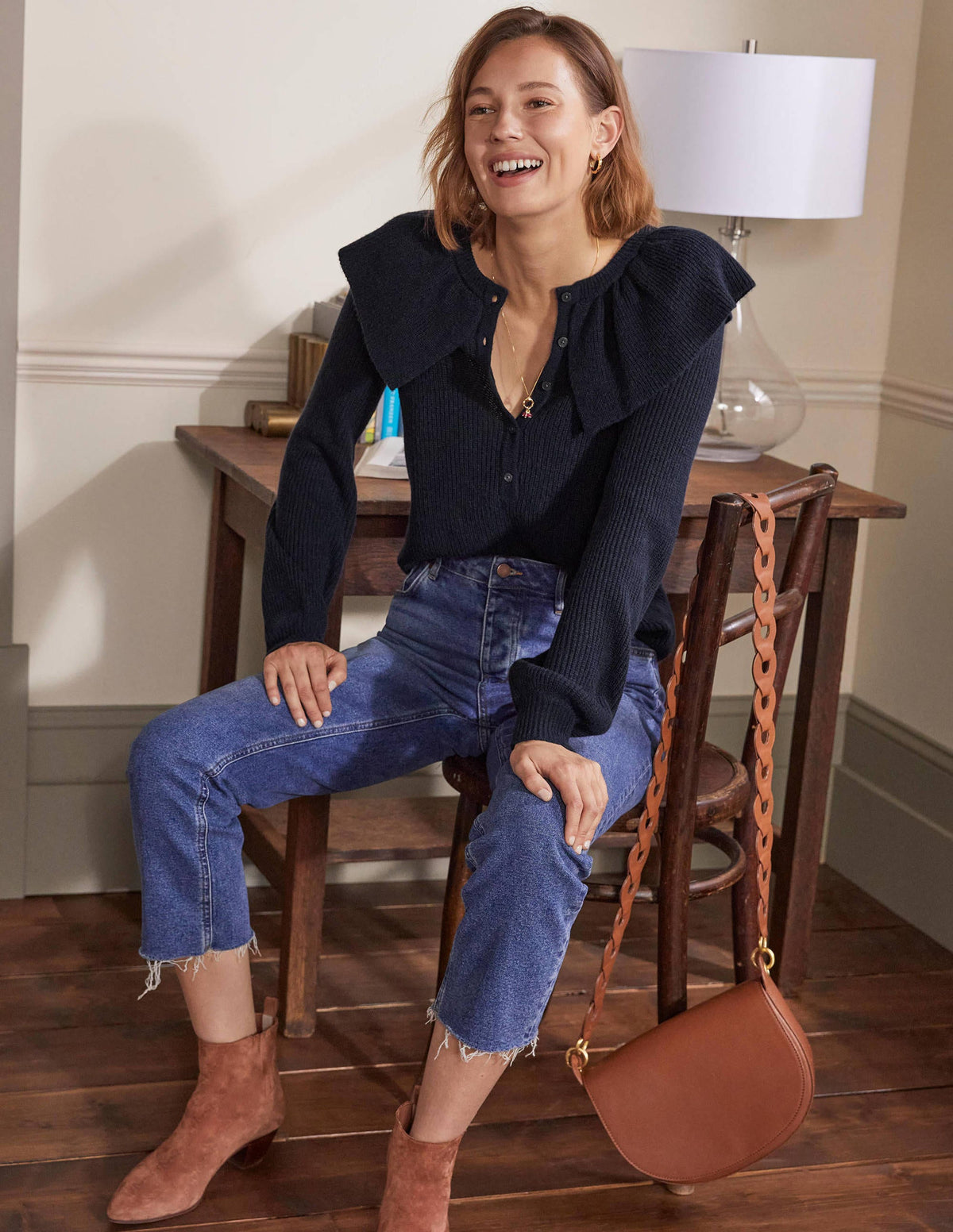Fluffy Frill Collar Sweater-Navy - Image 4