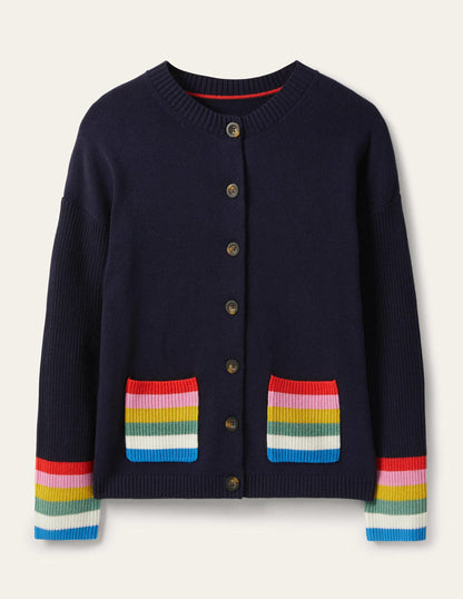 Stripe Pocket Relaxed Cardigan-Navy