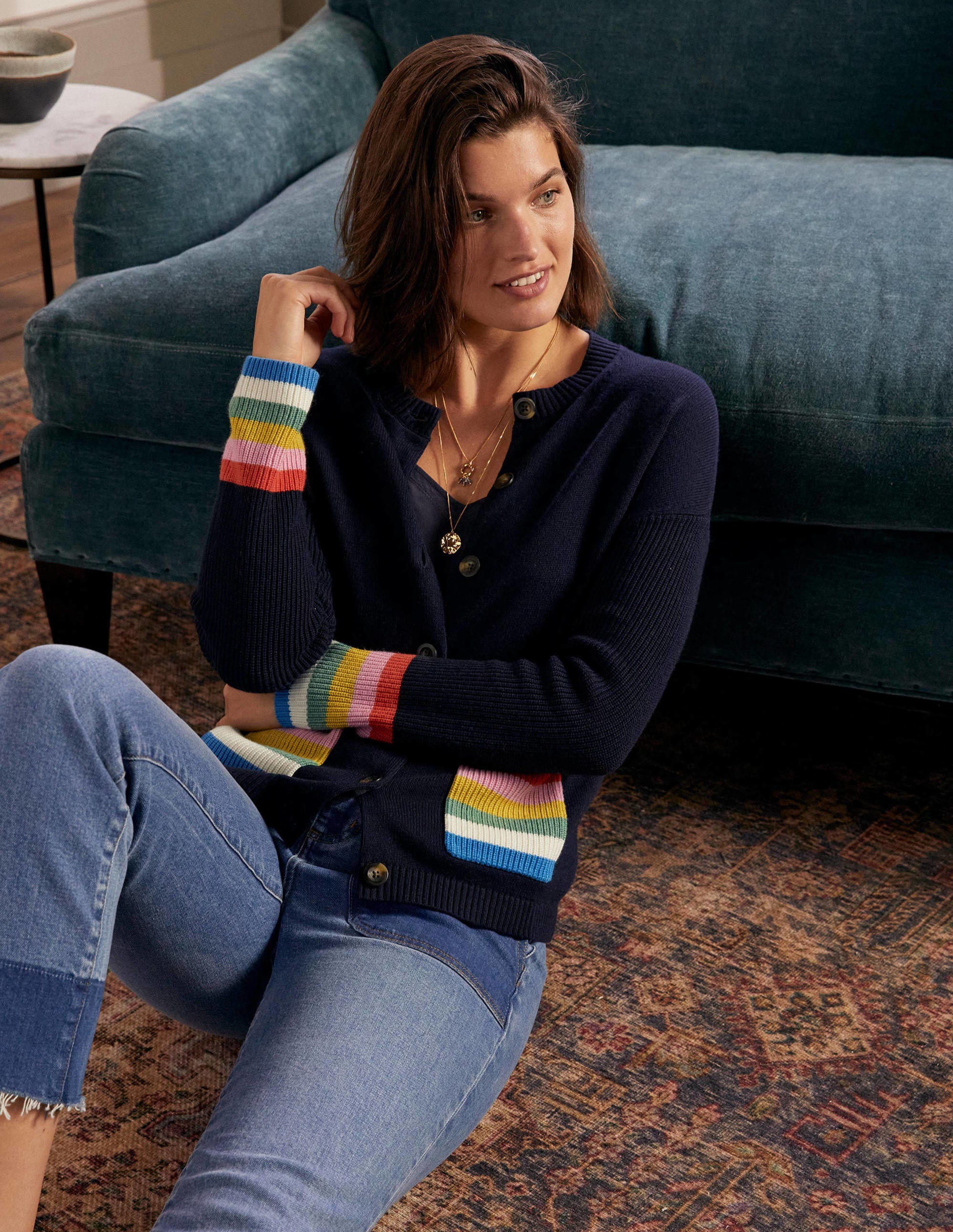 Stripe Pocket Relaxed Cardigan-Navy - Image 1