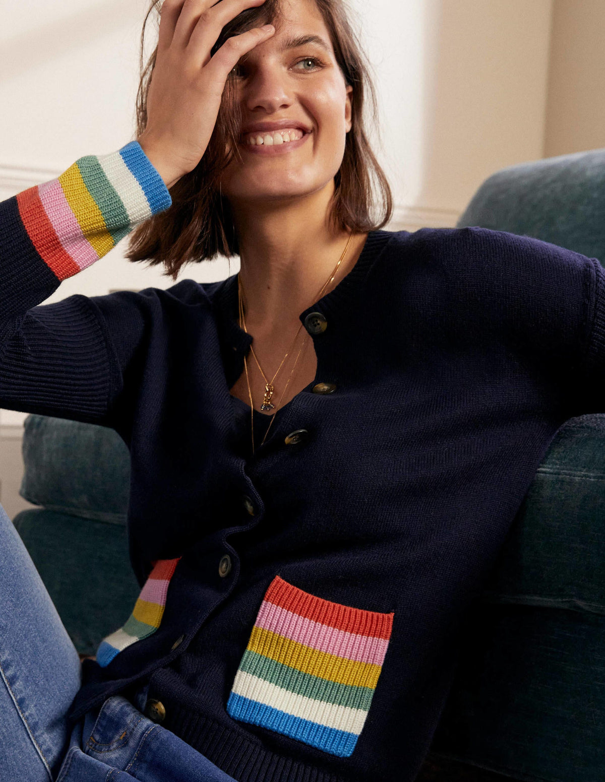Stripe Pocket Relaxed Cardigan-Navy - Image 4
