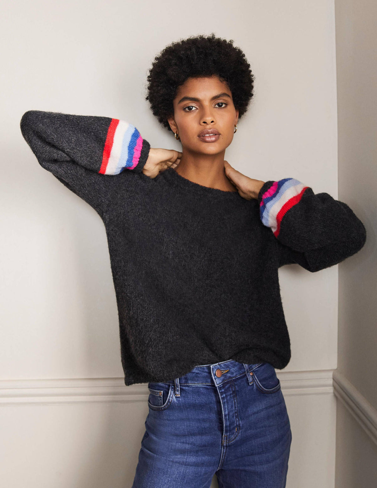 Fluffy Stripe Sweater-Charcoal Melange-1