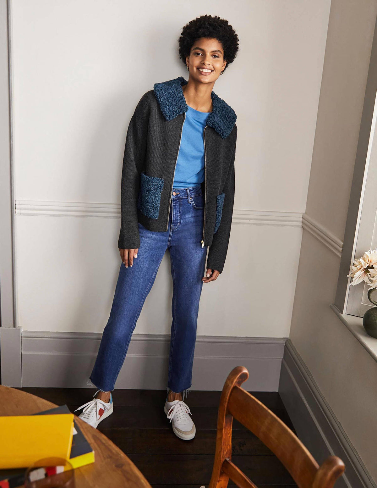 Borg Cropped Coatigan-Charcoal Melange - Image 4