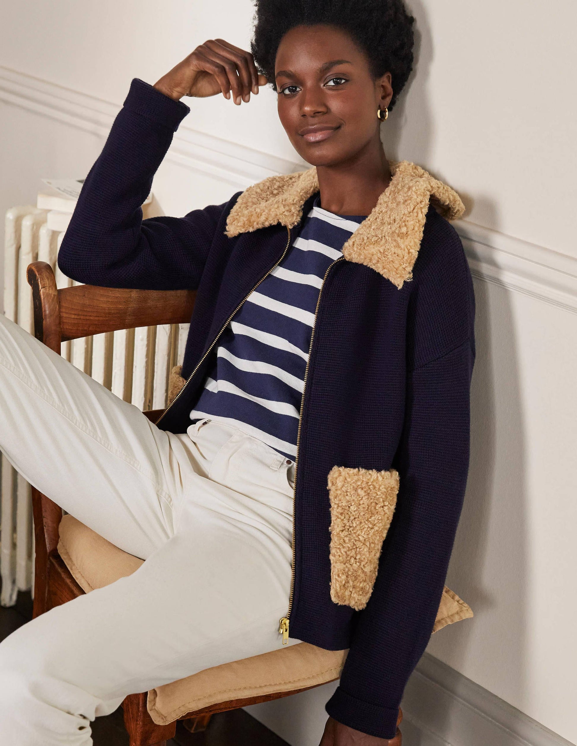 Borg Cropped Coatigan-Navy-1