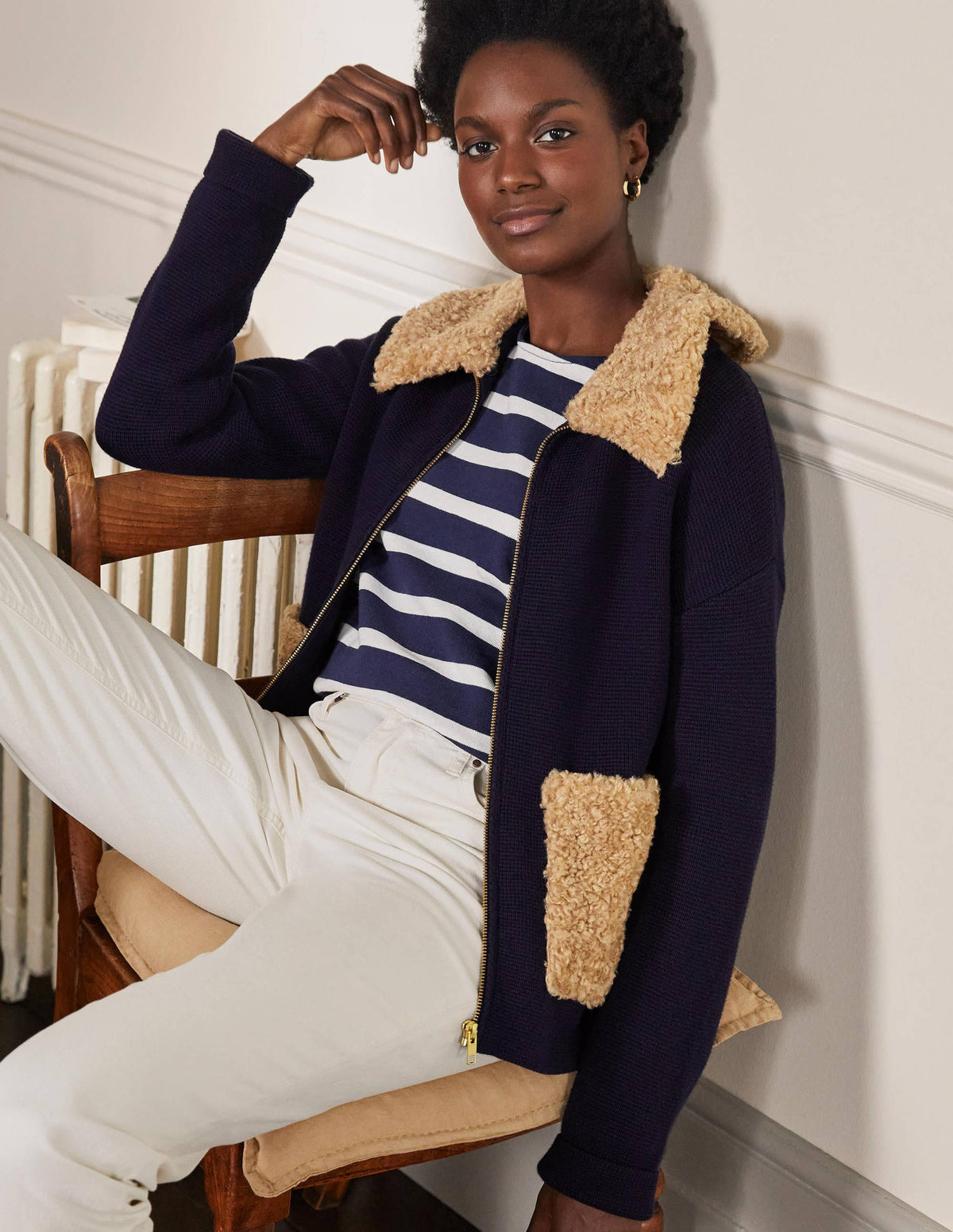 Borg Cropped Coatigan-Navy - Image 1