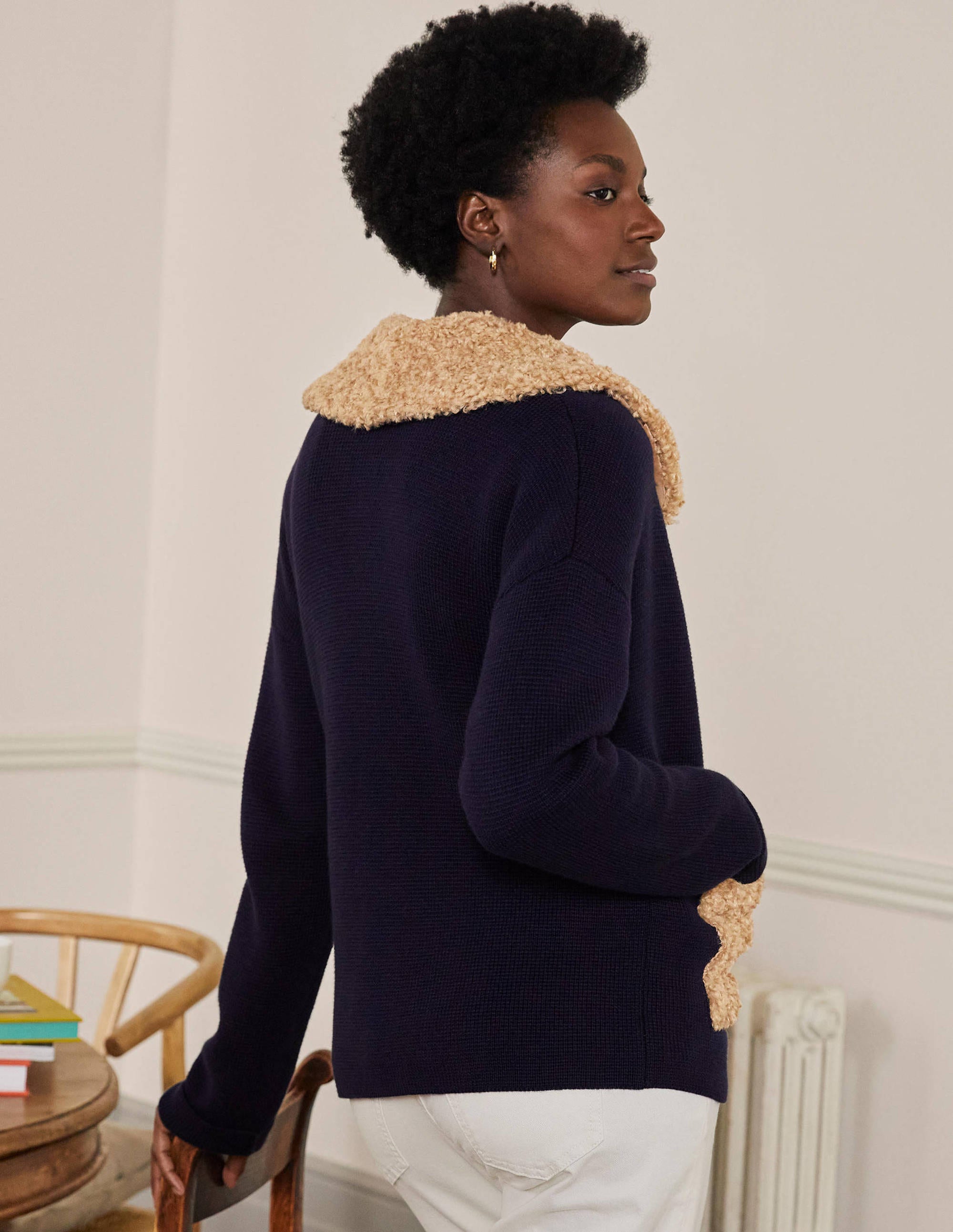 Borg Cropped Coatigan-Navy - Image 3