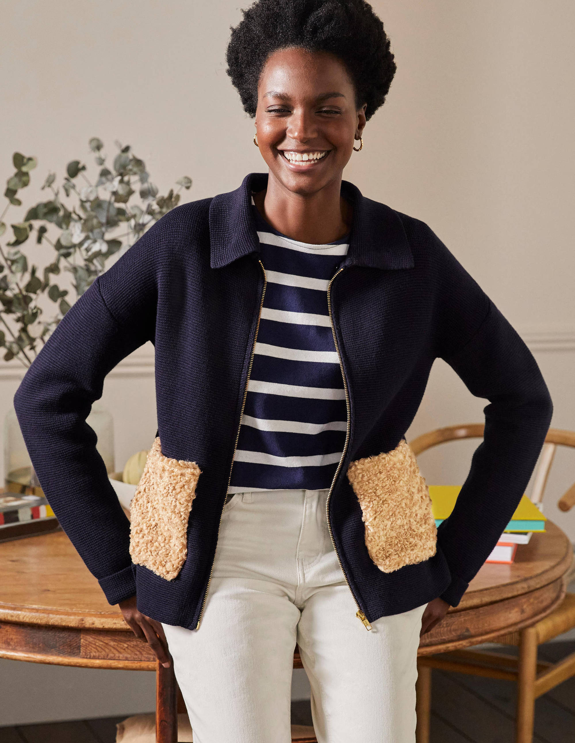 Borg Cropped Coatigan-Navy - Image 4