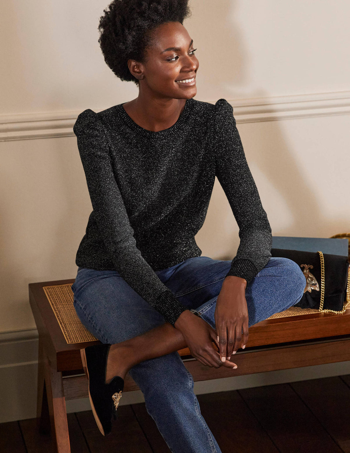 Sparkle Puff Sleeve Sweater-Black Sparkle - Image 1