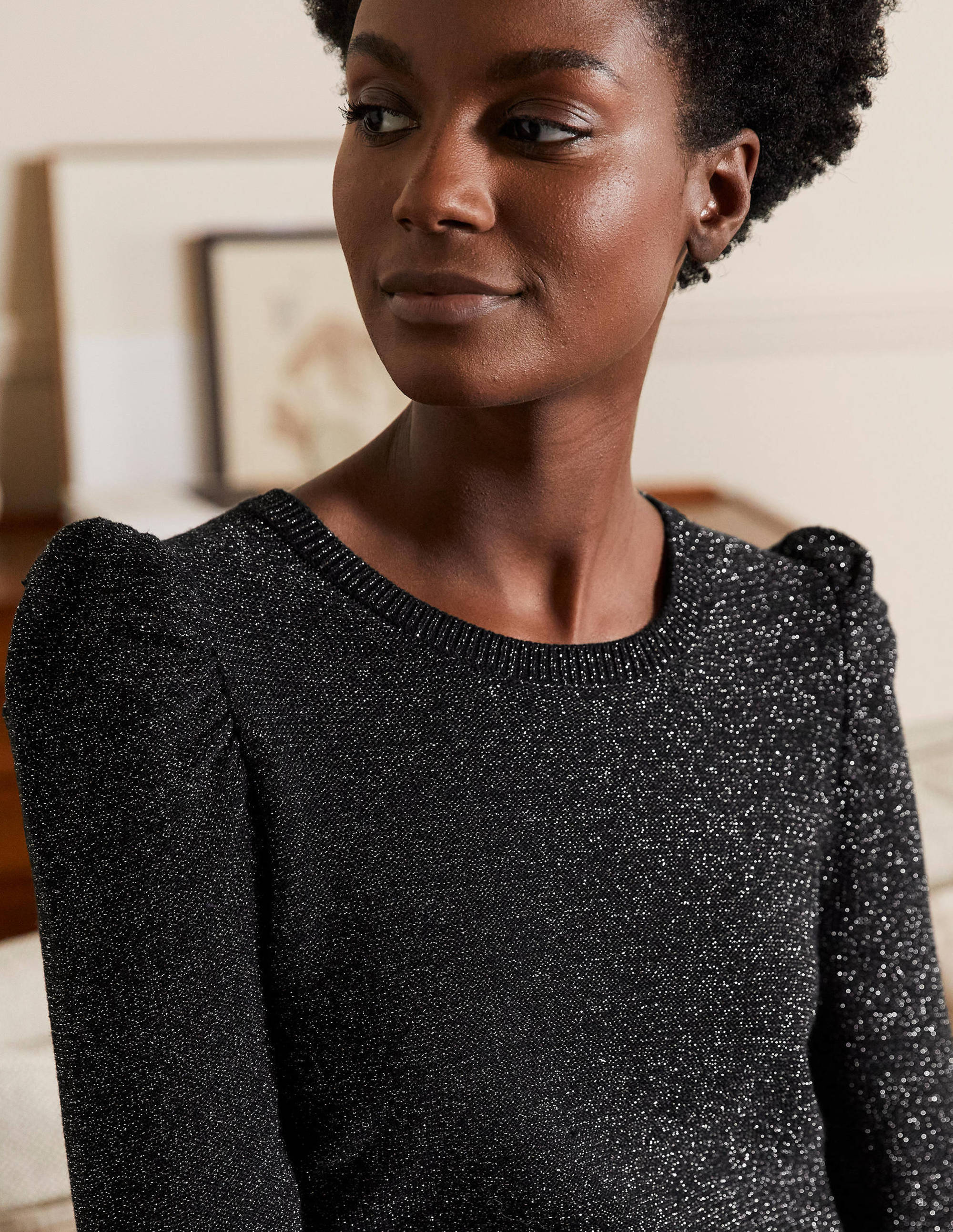 Sparkle Puff Sleeve Sweater-Black Sparkle - Image 2