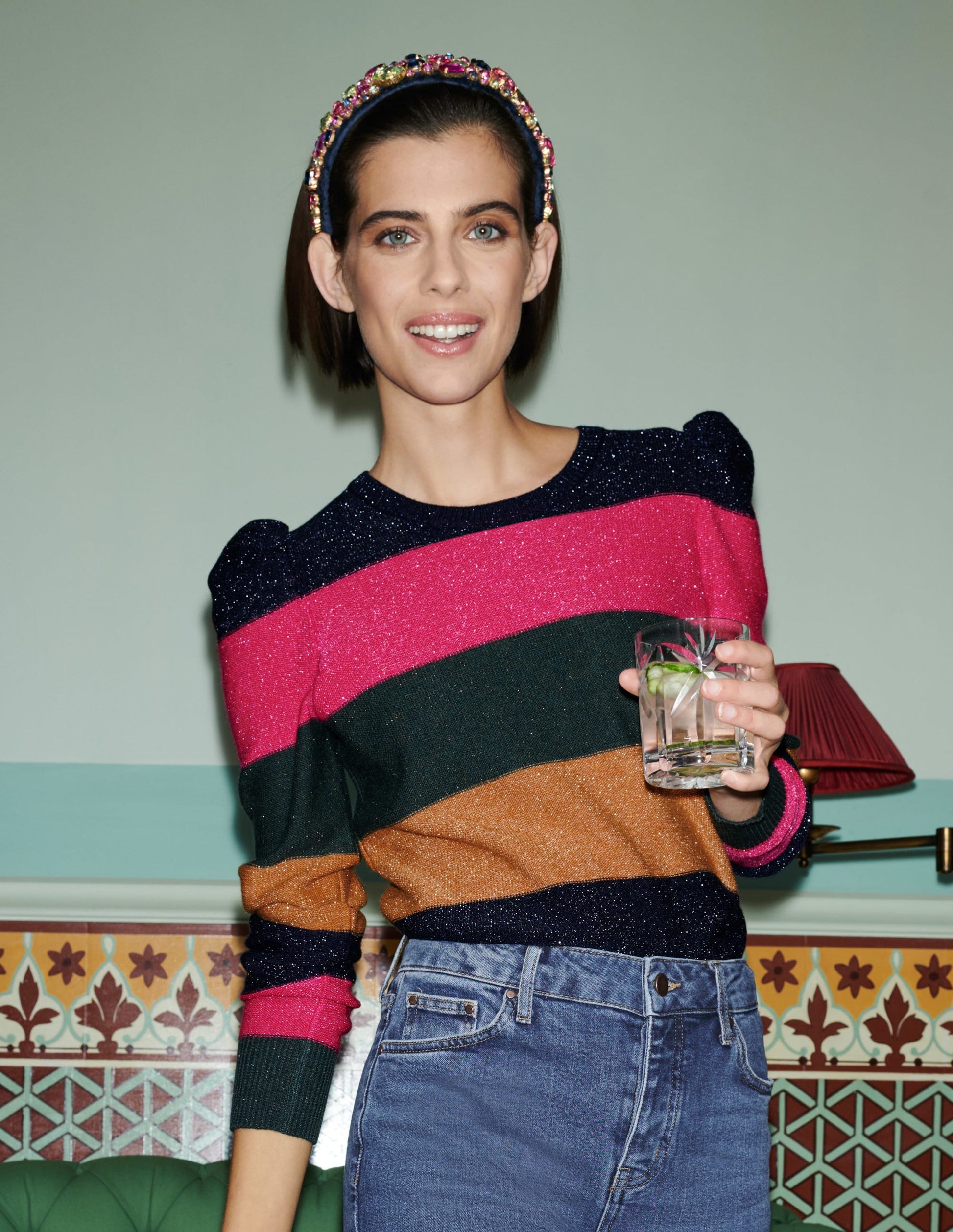 Sparkle Puff Sleeve Sweater-Pink, Black Lurex Multi Stripe-7