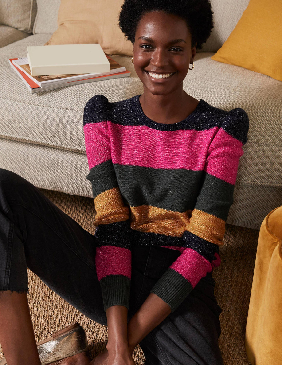 Sparkle Puff Sleeve Sweater-Pink, Black Lurex Multi Stripe - Image 1